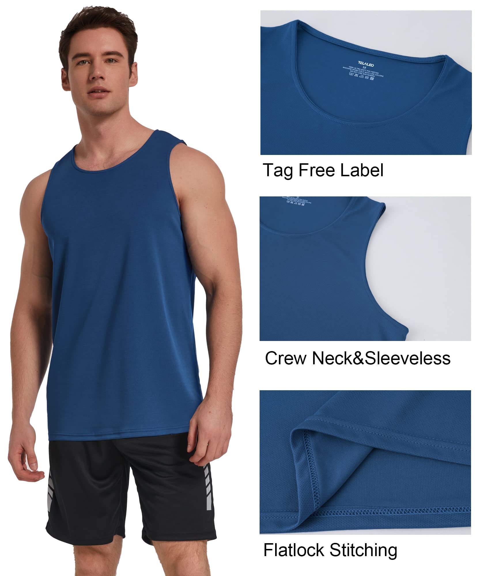 TELALEO 5 Pack Men's Workout Tank Tops Sleeveless Mesh Muscle Gym Shirt Quick Dry Black/Gray/Charcoal/Navy/Blue L