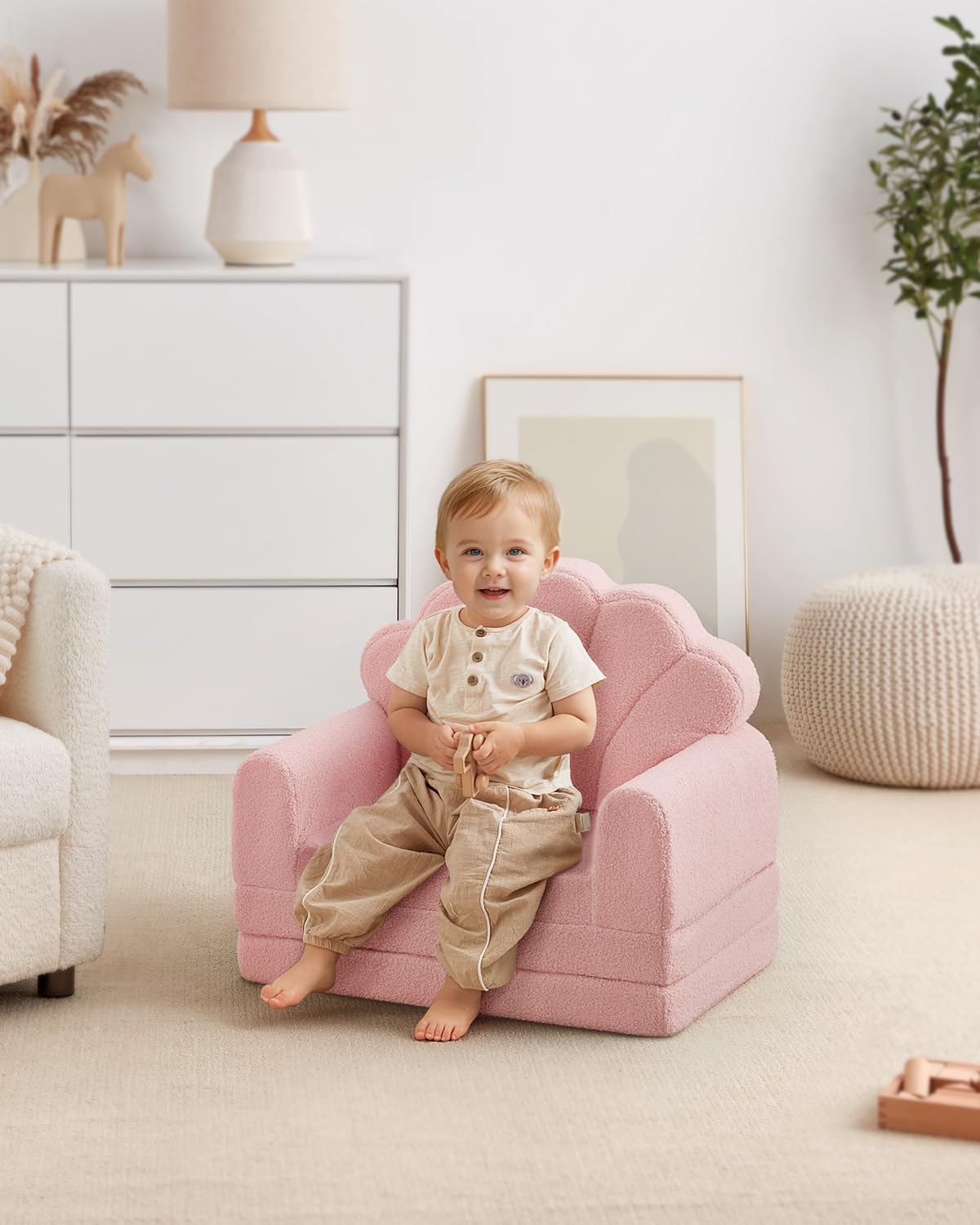 Blissful Diary Kids Couch, 2-in-1 Soft Toddler Couch Fold Out, Toddler Chair Comfy, Convertible Sofa to Lounger, Kids Furniture for Playroom, Gift for Birthday, Children's Day, Pink Shell