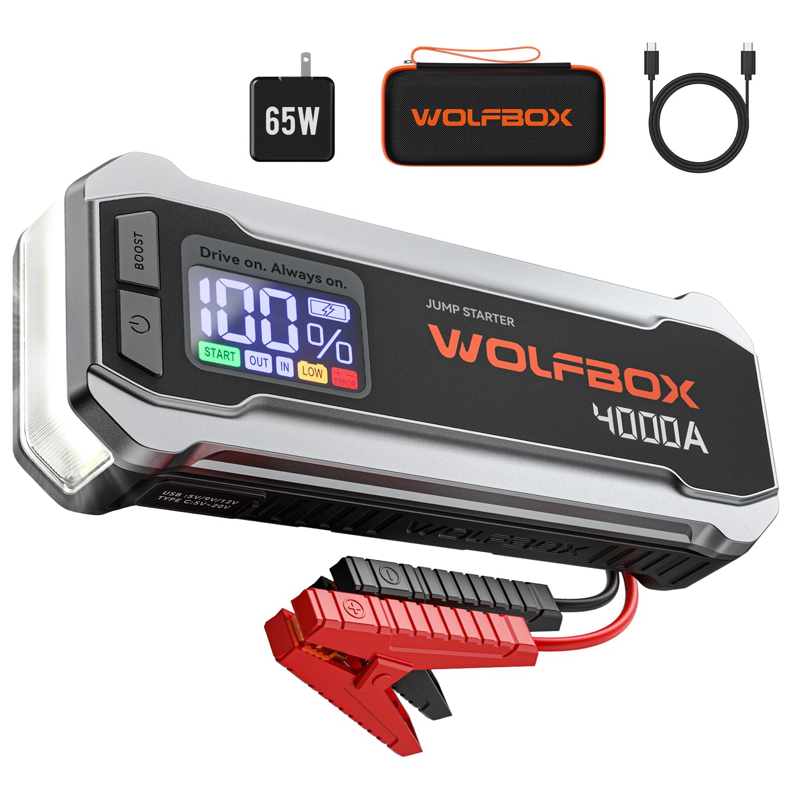 WOLFBOX 4000A Starthilfegerät, 12V Auto Starthilfe mit 65W Schnellladegerät, LED-Anzeige, 24000mAh Tragbares Starthilfegerät (10L Benzin 10L Dieselmotor) mit Booster, LED-Licht, Überbrückungskabel