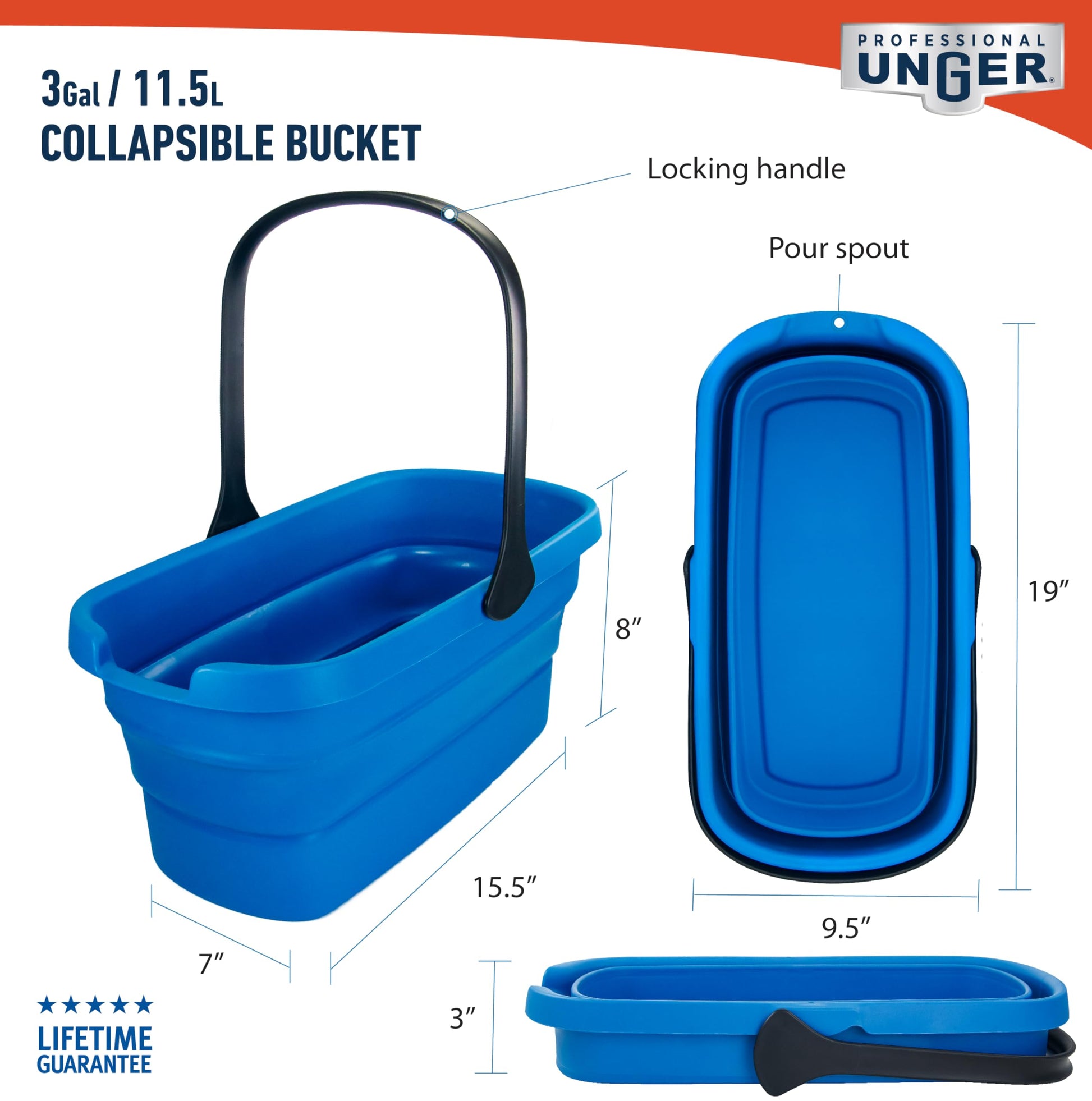 Unger Professional 3-Gallon Collapsible Bucket, Portable Household Cleaning Supplies, Small Washing Buckets with Handles, Essential Water Container and Storage Organizer Tool