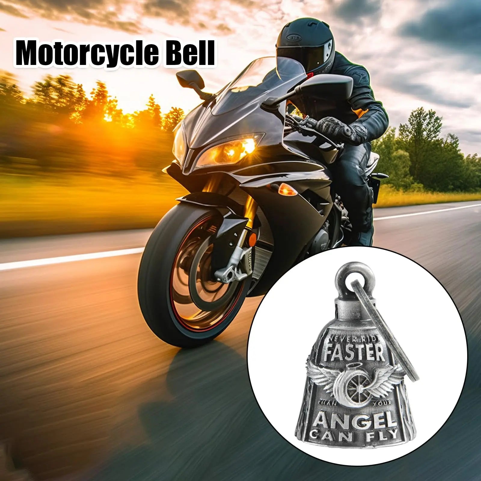 Motorcycle Bells for Bikers Guardian Angel Gremlin Motorcycle Bells for Motorcycle Rider Key Chain for Luck (Never Rider Faster Than Your Angel Can)