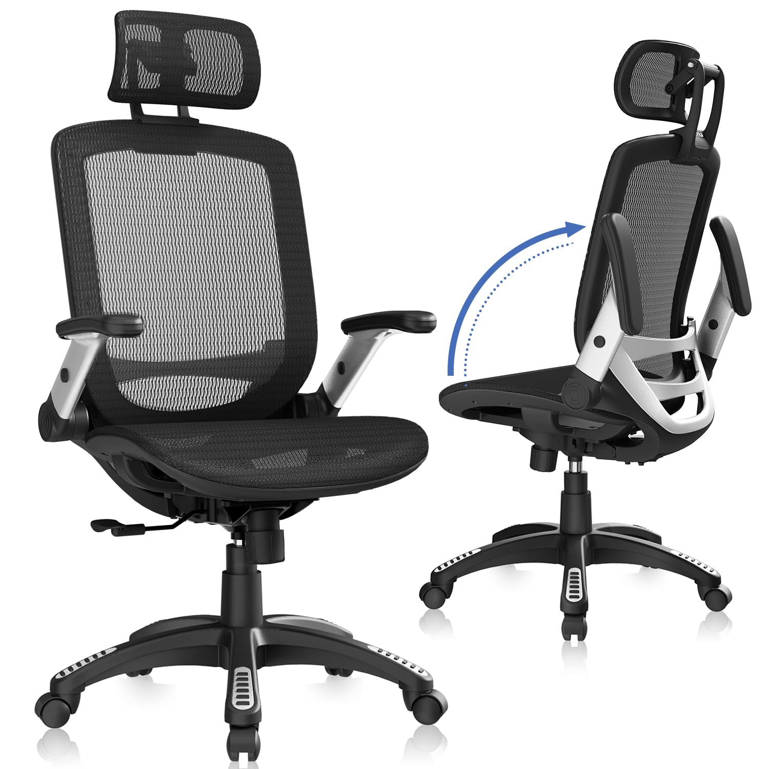 GABRYLLY Ergonomic Office Chair, High Back Home Desk Chair with Headrest, Flip-Up Arms, 90-120 degrees Tilt Lock and Wide Cushion, Big and Tall Mesh Chairs for Man Woman, Black Task Chair