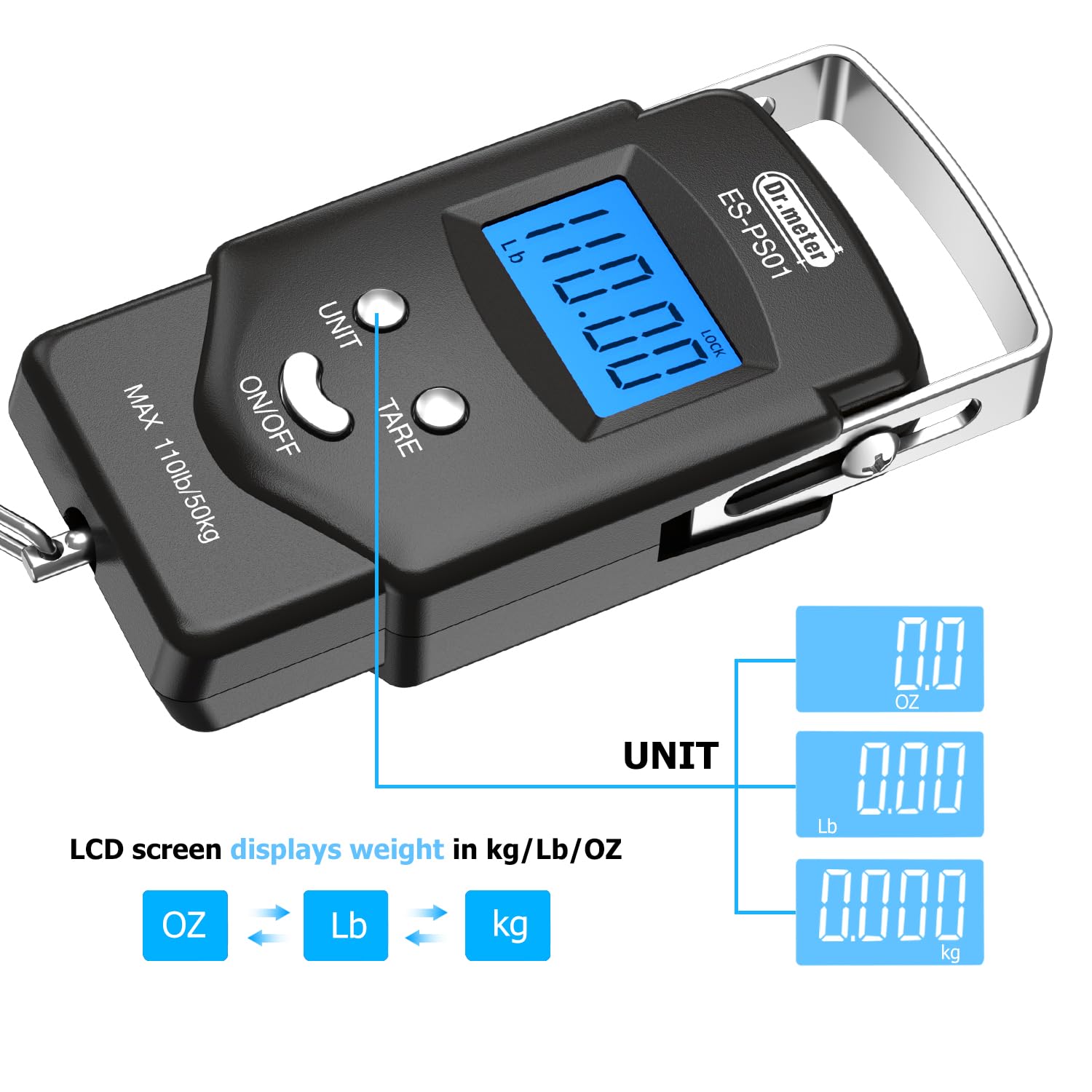 Dr.meter Fish Scale Luggage Scale Fishing Gear - 110lb/50kg Backlit LCD Display Digital Scale with Built-in Measuring Tape - Fishing Scale with 2 AAA Batteries, Pocket Size - Fishing Gifts for Men