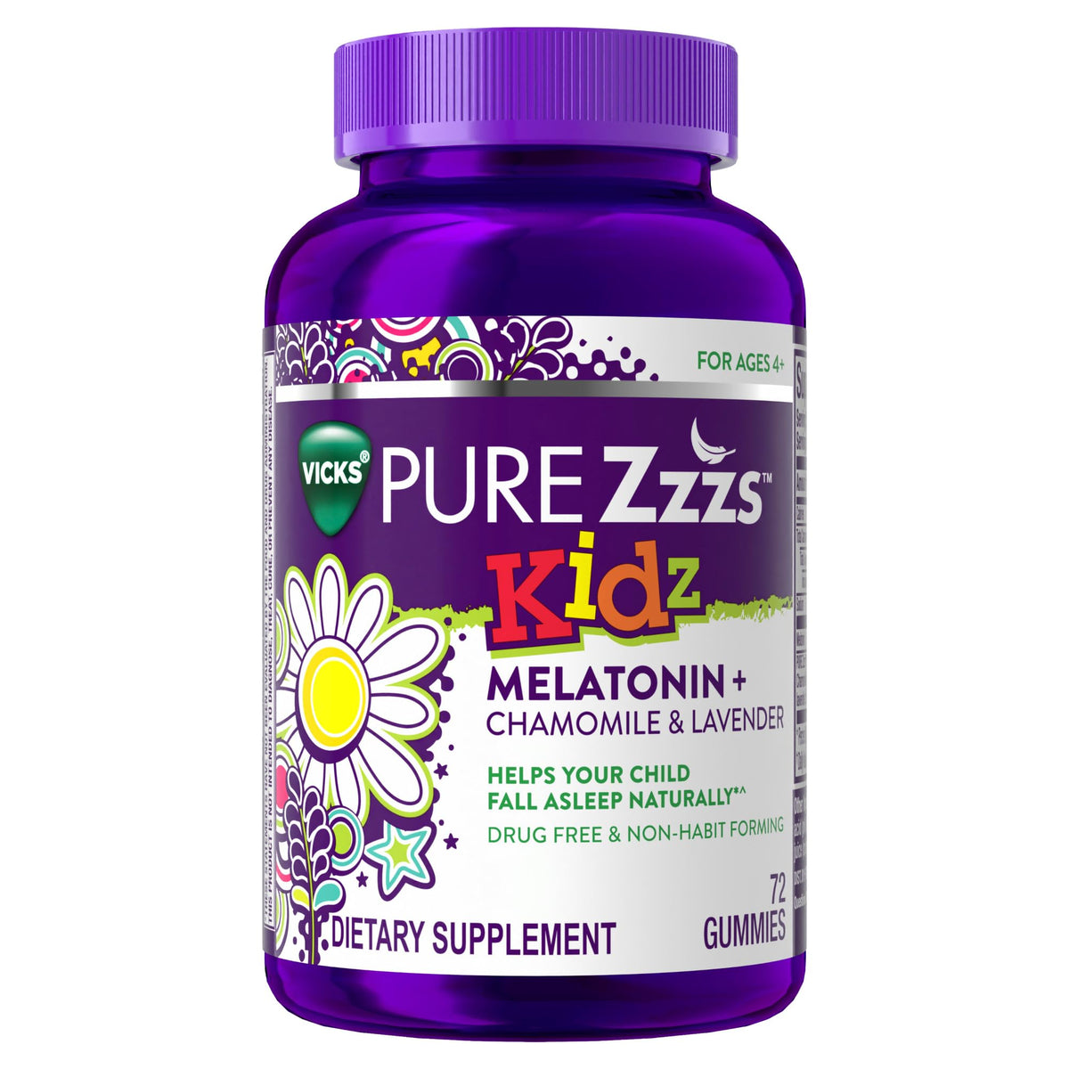 PURE Zzzs Kidz, Melatonin Gummis für Kinder, Einschlafhilfe, niedrige Melatonin-Dosis für Kinder, mit Kamille und Lavendel, 1 mg Melatonin, Melatonin Gummis Kinder, Beerengeschmack, 72 Schlaf-Gummis