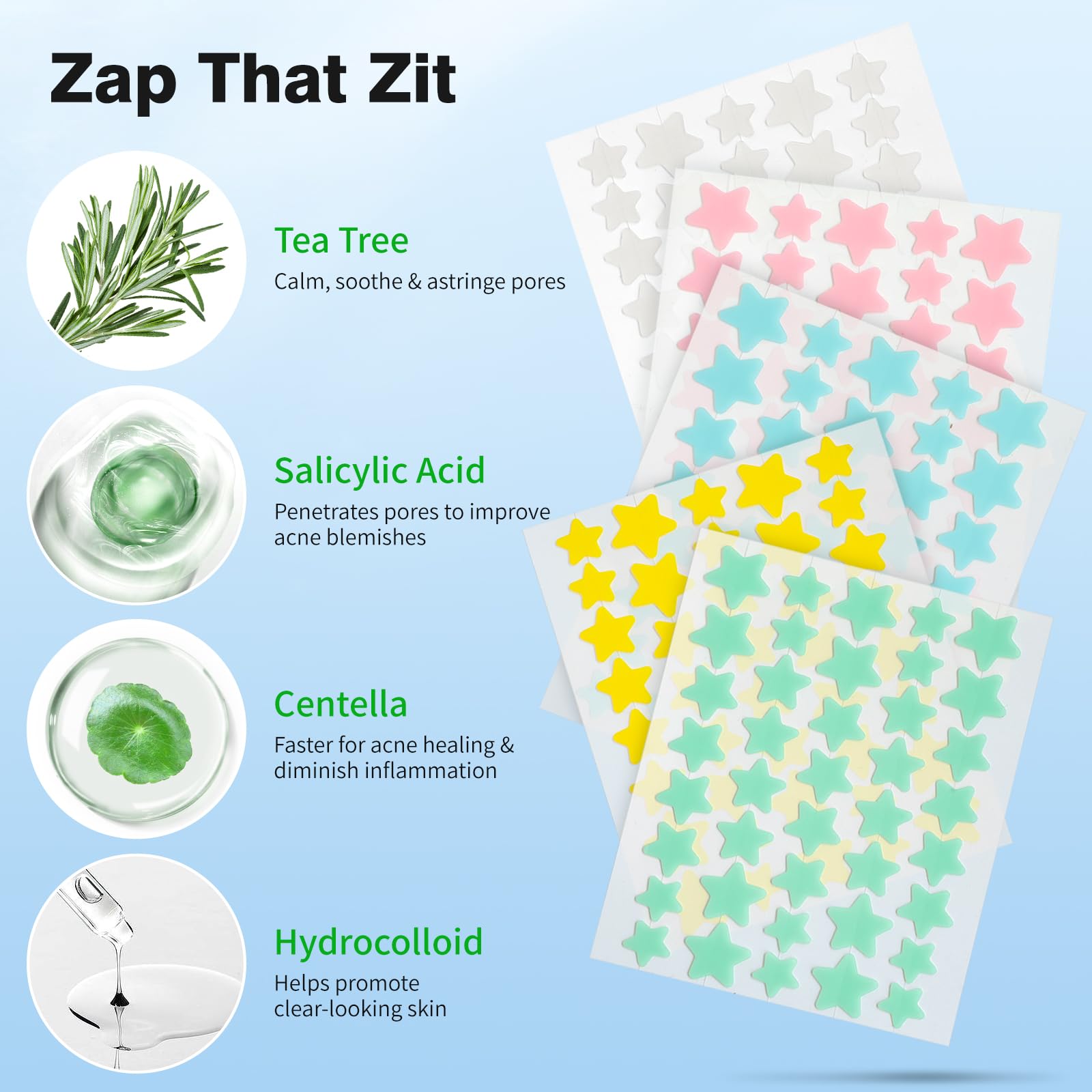 QUSTERE Pimple Patches for Face, Hydrocolloid Acne Patches, Cute Star Zit Covers, Colorful Spot Stickers with Tea Tree, Salicylic Acid & Cica Oil| 3 Sizes (10mm, 12mm & 14mm) |200 Count