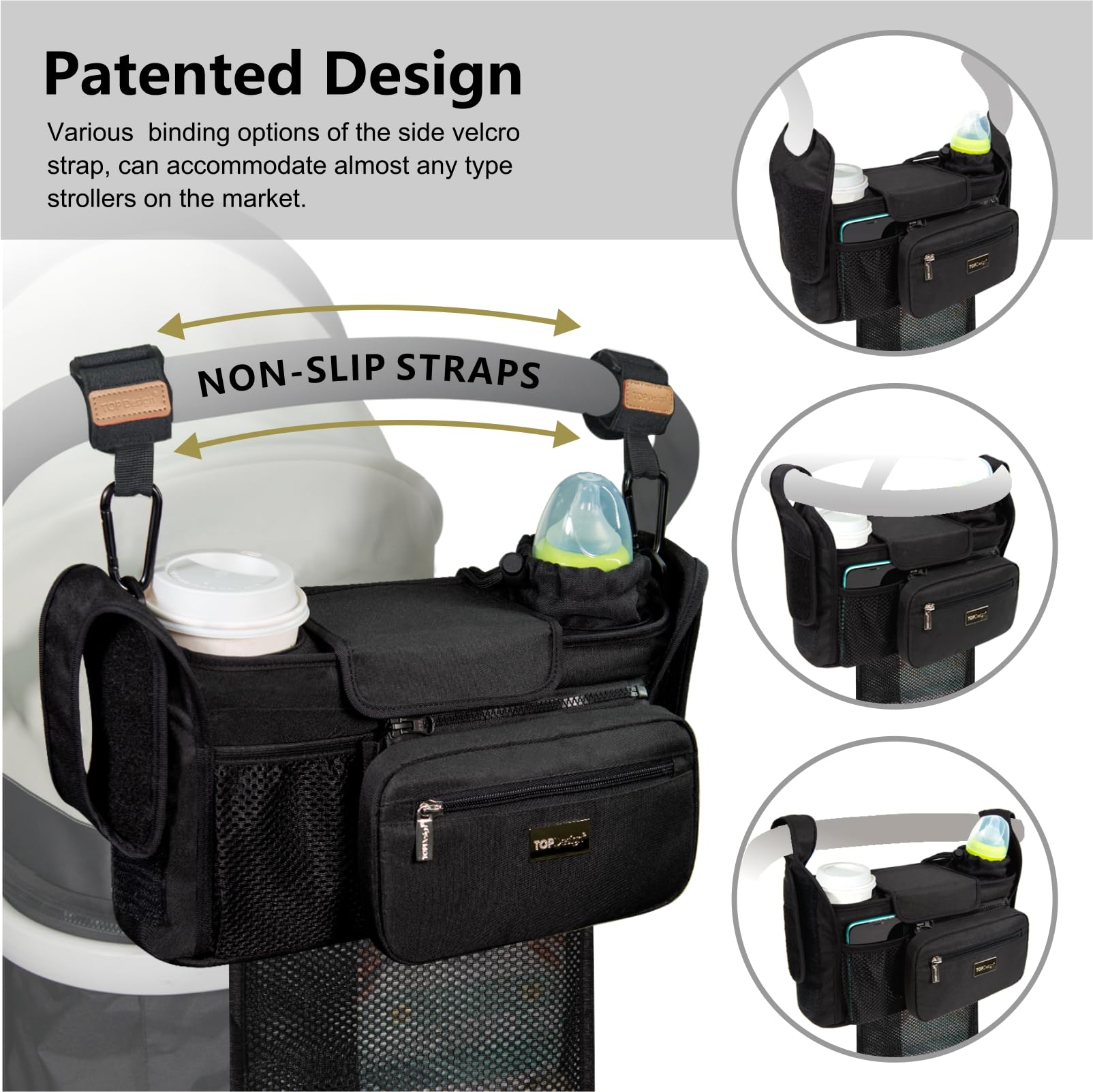 TOPDesign Universal Baby Stroller Organizer, Stroller Caddy with Detachable Mesh Bag & Heightened Insulated Cup Holders & Non-Slip Secure Hooks Accessories, Fits Most Strollers (Checkerboard)