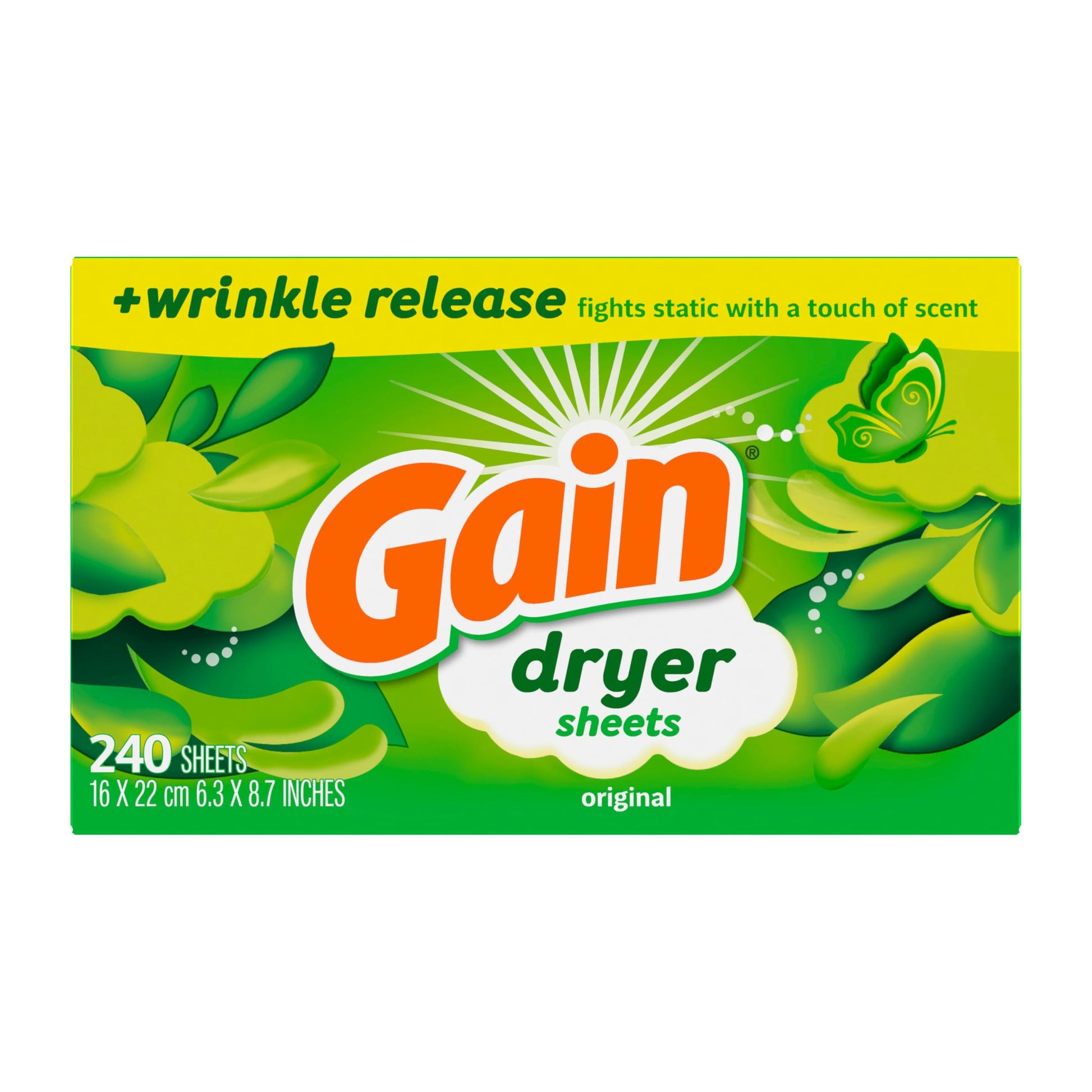 Gain Dryer Sheets Plus Wrinkle Release, Original Scent, 240 Count, Fights Static With a Touch of Scent, Laundry Sheets
