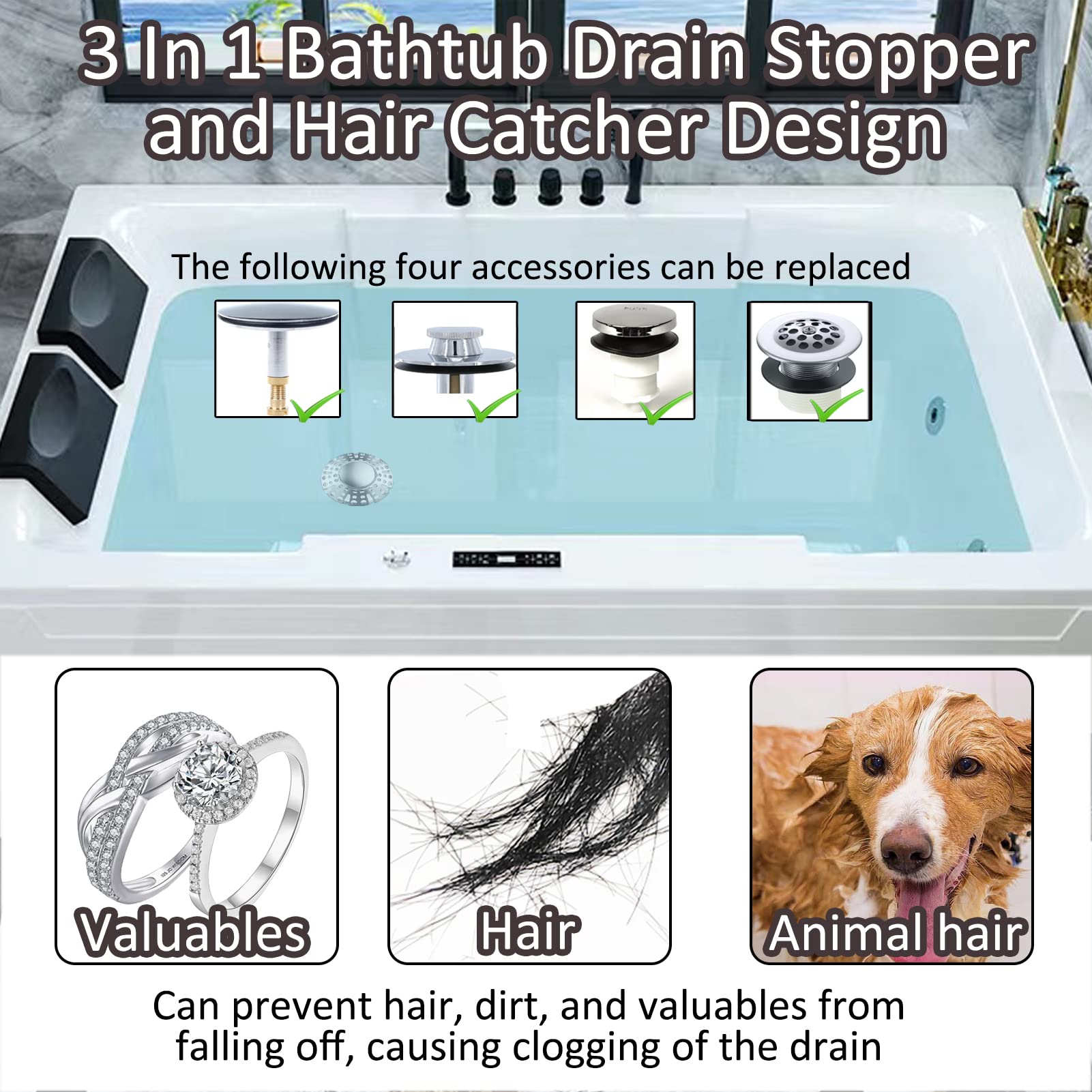 AzWzz Universal Tub Stopper Bathtub Drain Plug, Pop Up Tub Drain Hair Catcher, Drain Cover with Strainer, for 1-3/8 to 2in Bath Drain Hole