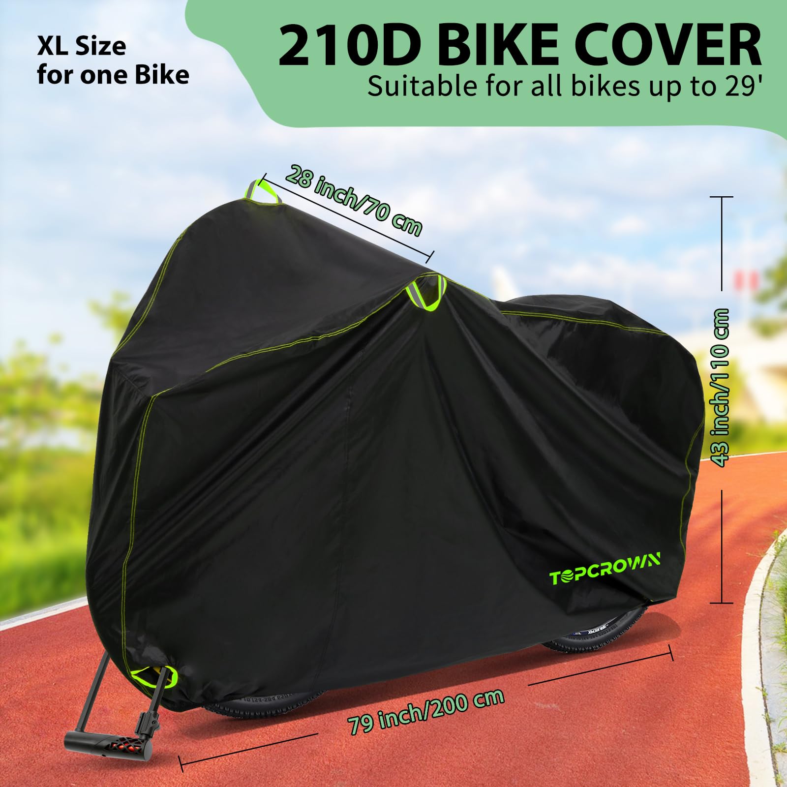 Topcrown Bike Cover Waterproof Outdoor Storage for 1/2/3 Bikes, Bicycle Cover Rain Sun UV Dust Wind Proof with Storage Bag for Mountain Road Bike/Ebike (210D Black+Green, XL Size for 1 bike)