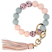 BIHRTC Keychain Wristlet Bracelet Silicone Key Ring Bracelet Wristlet Keychain with Leather Tassel Wrist Key Ring Bangle Silicone Bead keyring for Women