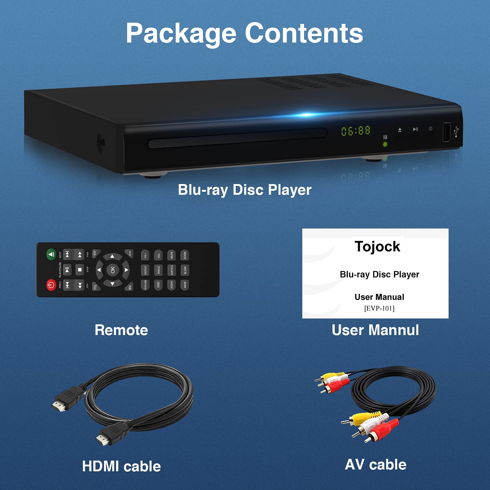 Blu Ray DVD Player, 1080P Home Theater Disc System, Play All DVDs and Region A 1 Blu-Rays, Support Max 128G USB Flash Drive + HDMI/AV/Coaxial Output + Built-in PAL/NTSC with HDMI/AV Cable