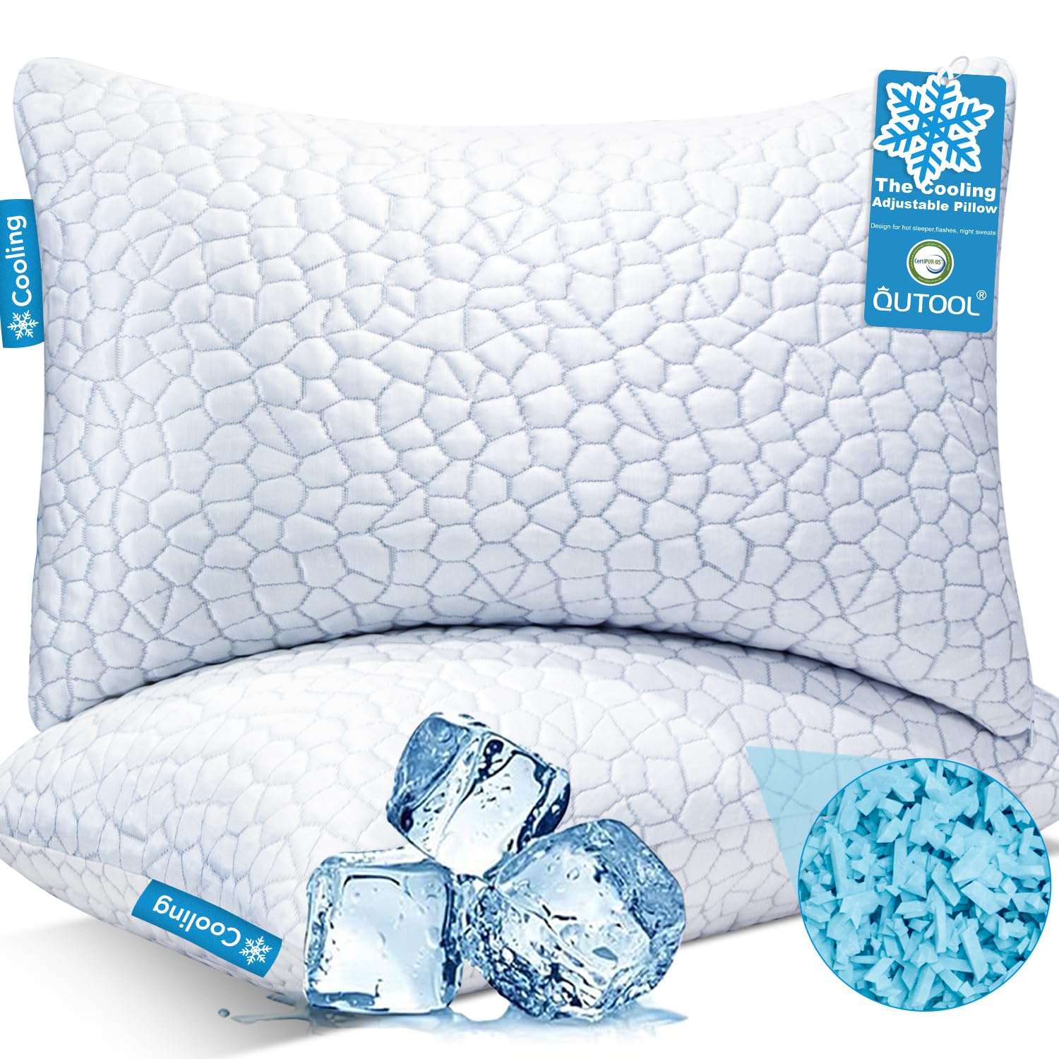QUTOOL Cooling Pillows for Sleeping 2 Pack, Shredded Memory Foam Bed Pillows Queen Size Set of 2, Cool Gel Pillow for Hot Sleepers Adjustable Firm Pillow for Side, Back and Stomach Sleepers Supportive