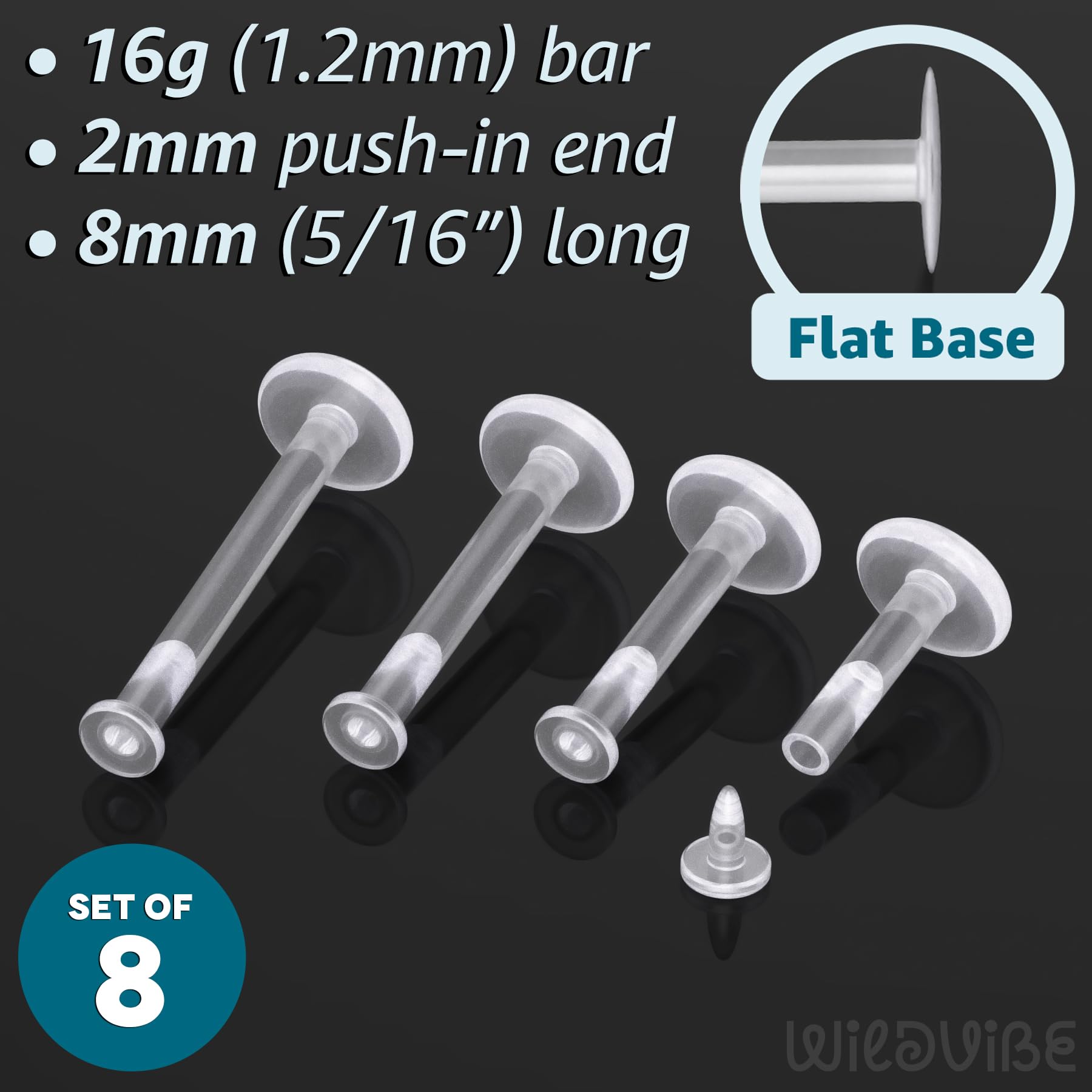 WildVibe 16g Bioflex Labret Clear Piercing Retainers - 10pc Set - Plastic Piercings Stud Earrings for Sports, Work, Surgery - Helix, Tragus, Lip, Medusa, Monroe (6mm, 8mm)