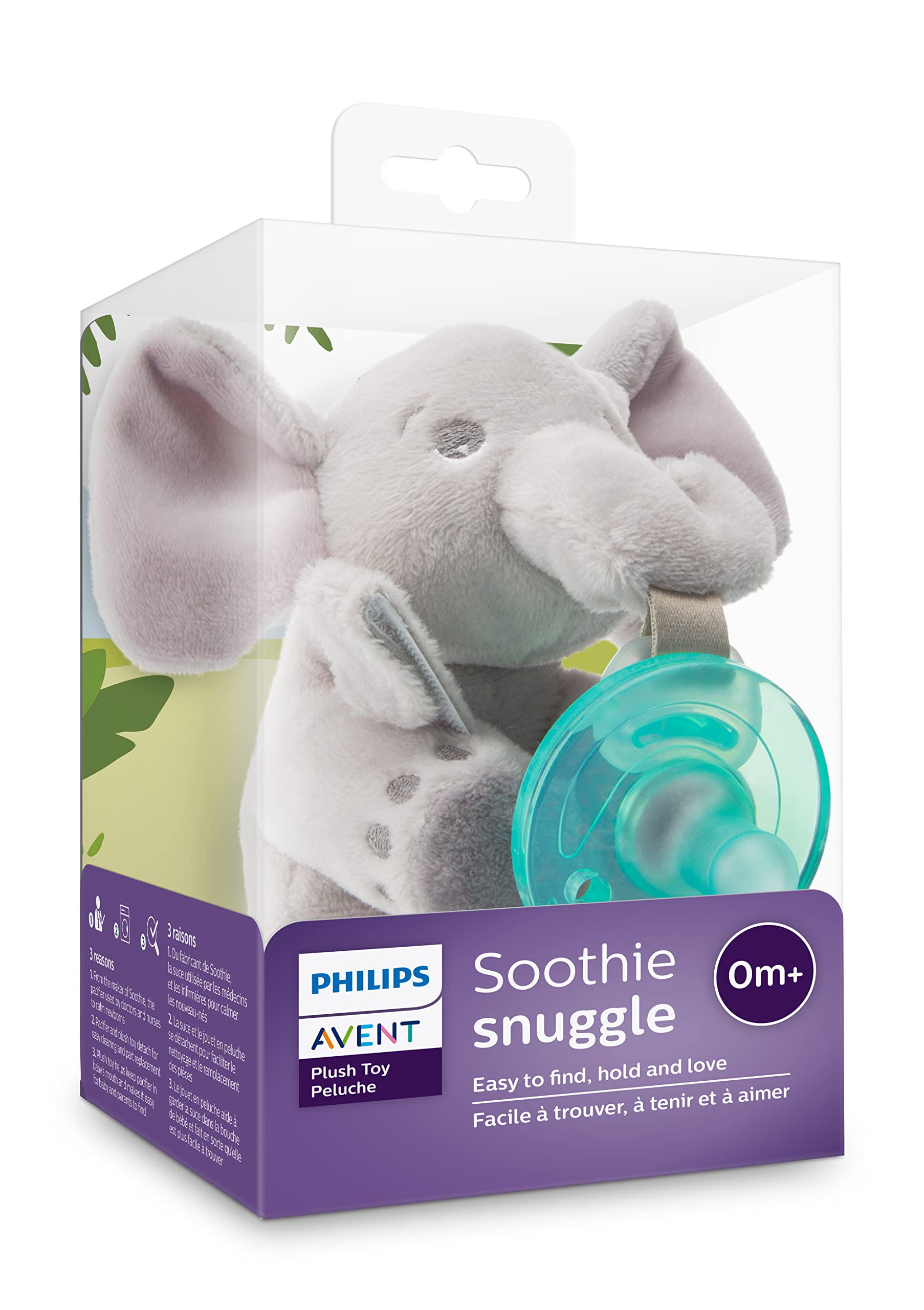 Philips AVENT Soothie Snuggle Pacifier Holder with Detachable Pacifier, 0m+, Elephant, SCF347/03- 1 Count (Pack of 1)