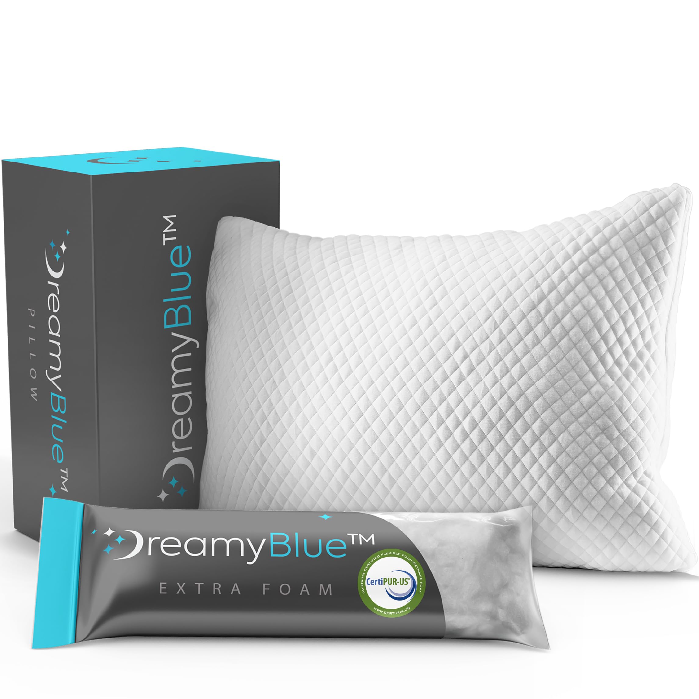 DreamyBlue Signature Pillow w/Adjustable Loft - Shredded Memory Foam Fill - Neutral Alignment for Side, Back, and Stomach Sleepers - Washable Bamboo Rayon Cover - CertiPUR-US Certified Foam (Queen)