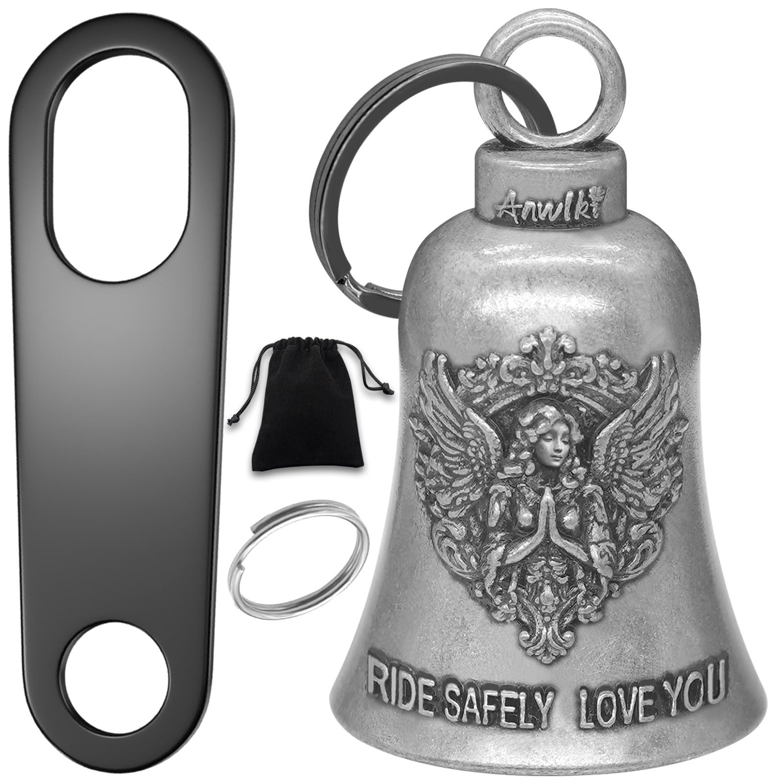 Anwlki Biker Guardian Luck Riding Bell Motorcycle Gremlin Bells with 2 Key Chain Ring Accessories, Motorcycle Bell Hanger (Guardian Angel)