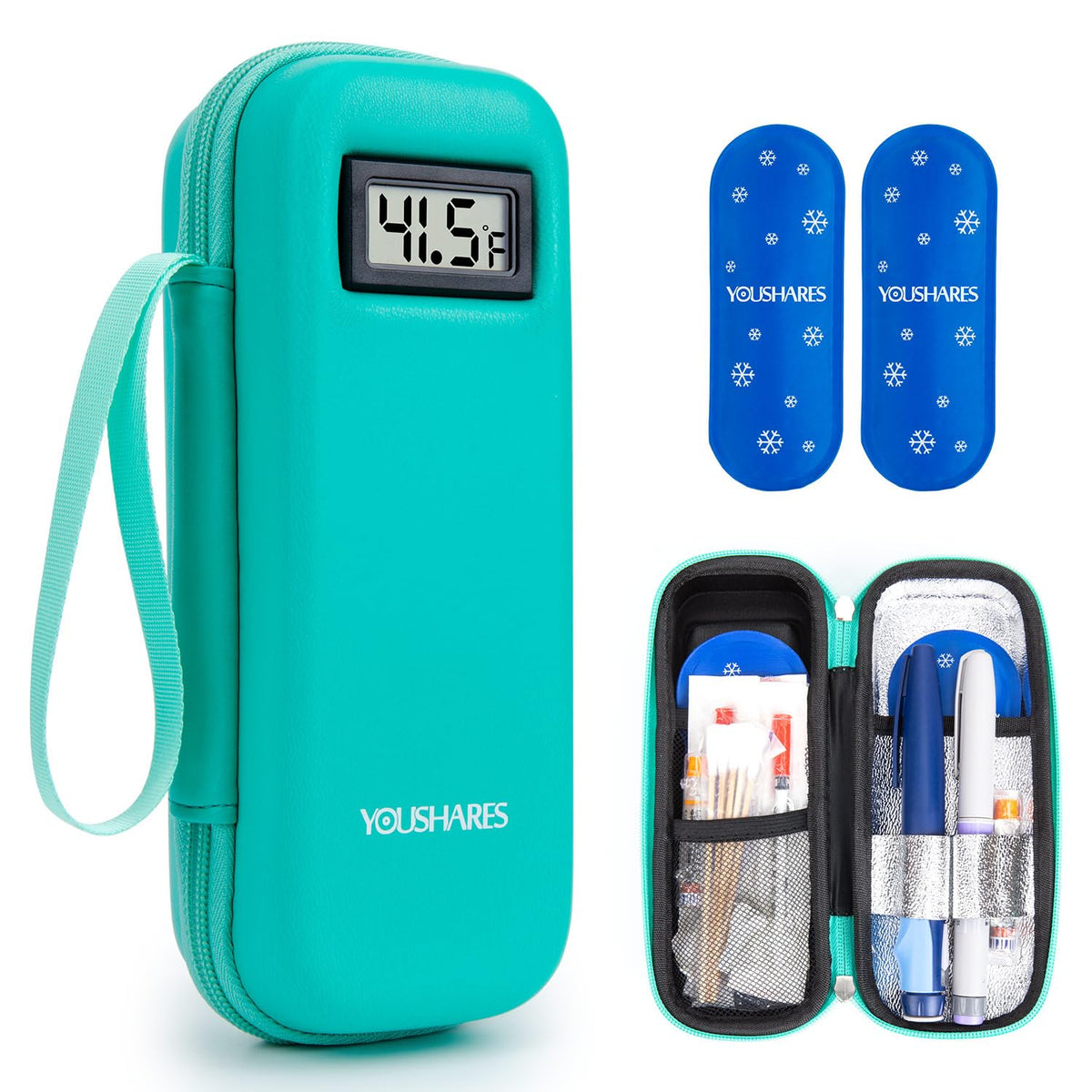 YOUSHARES Insulin-Kühltasche für unterwegs mit Temperaturanzeige – gekühlte Medikamententasche mit 2 TSA-zugelassenen Kühlakkus, Medikamenten-Pen-Organizer für Diabetikerbedarf für Reise und Alltag