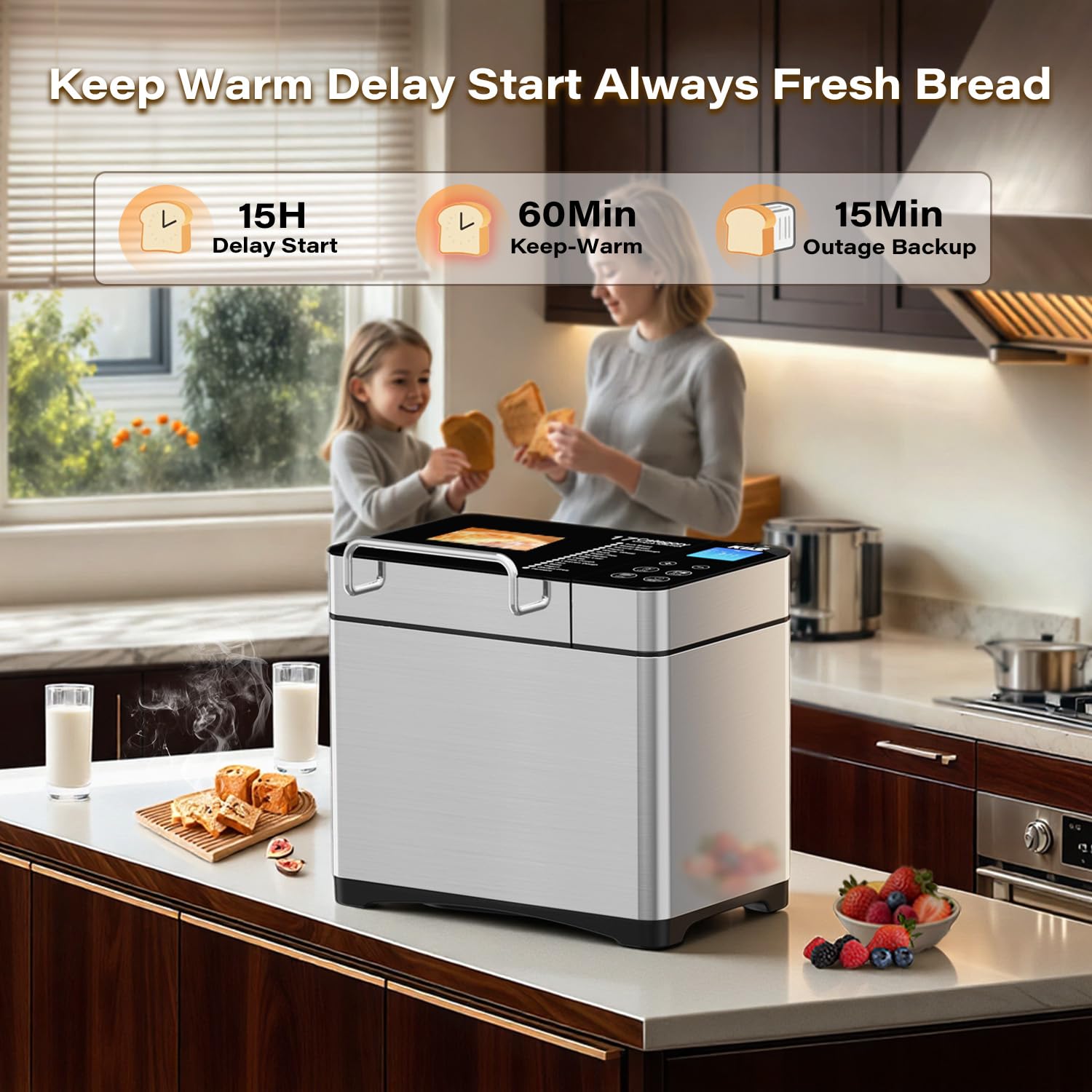 KBS Pro Stainless Steel Bread Machine, 2LB 17-in-1 Programmable XL Bread Maker with Fruit Nut Dispenser, Nonstick Ceramic Pan& Digital Touch Panel, 3 Loaf Sizes 3 Crust Colors, Reserve& Keep Warm Set