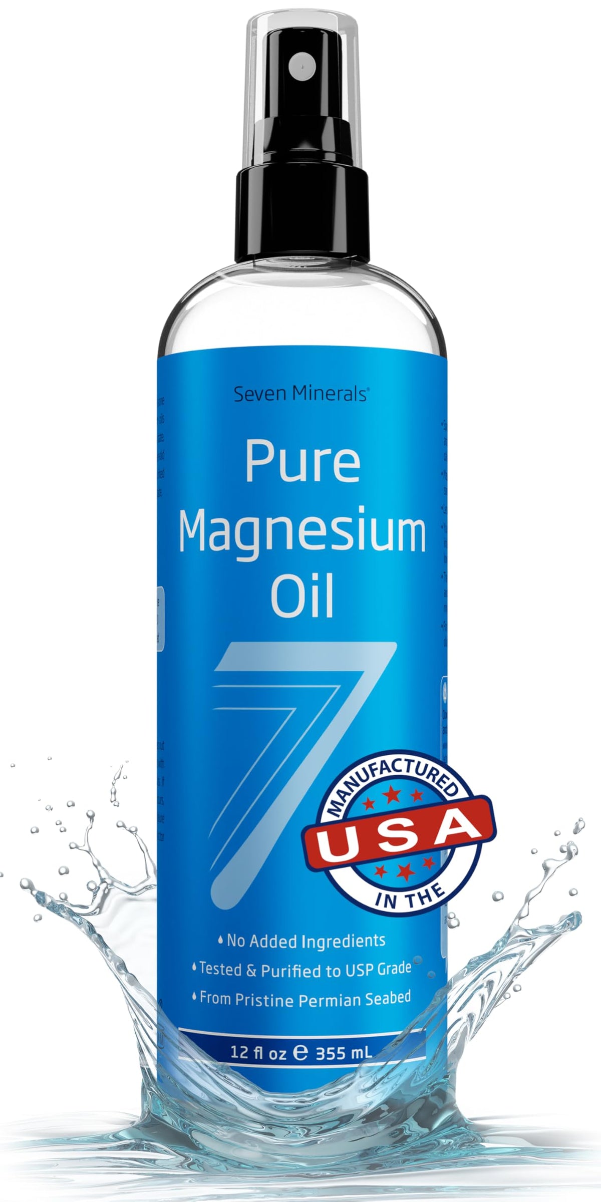 Seven Minerals Reines Magnesiumöl-Spray, große 355 ml Flasche, USP-Qualität, extra stark, für Füße, Schlaf, Muskelschmerzen & Krämpfe – Abgebaut in den USA