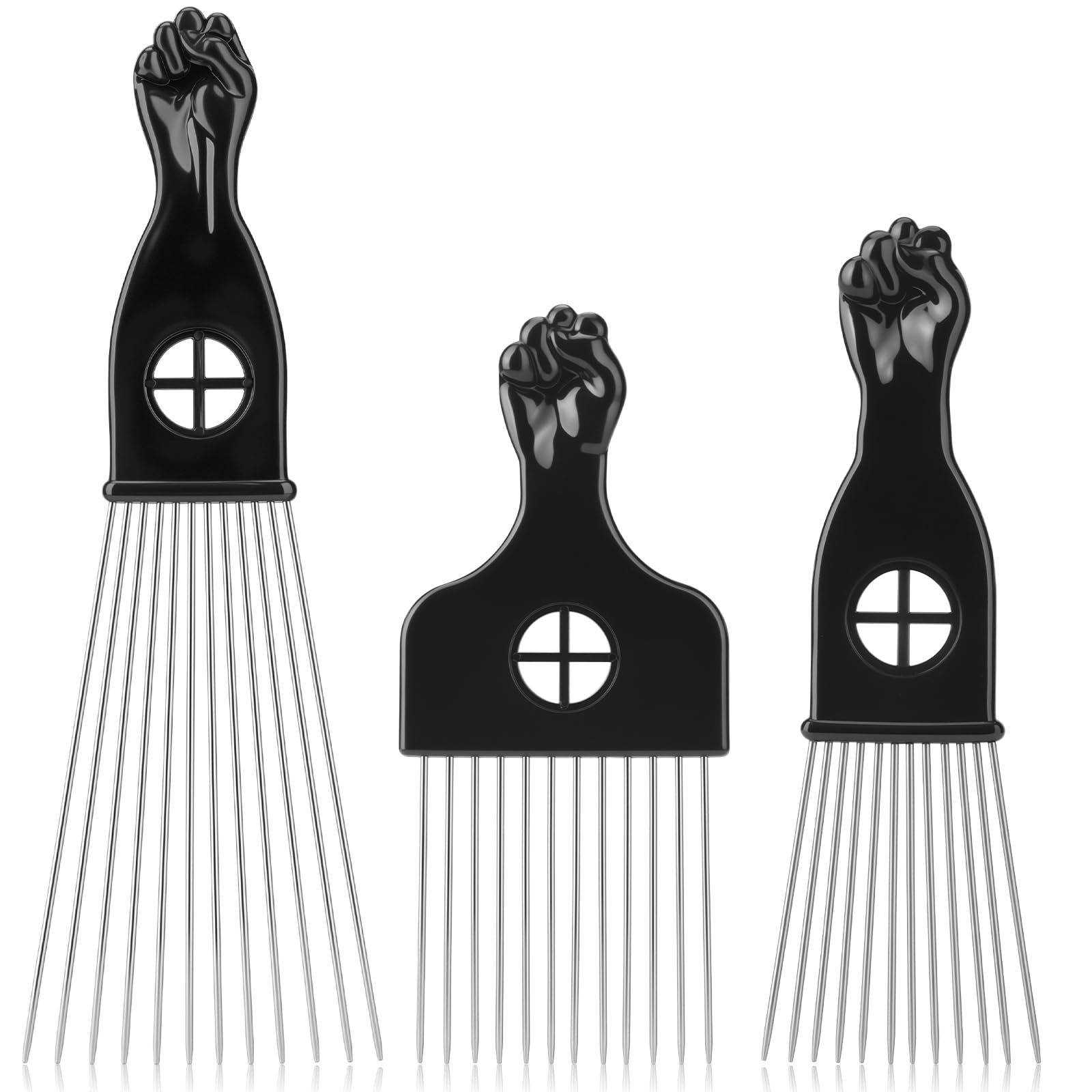 3er-Pack Afro-Haarkämme für Männer und Frauen, Cpoxixt Metall Afro-Haarkämme für natürliches lockiges Haarstyling, Faust-Design (Schwarz)