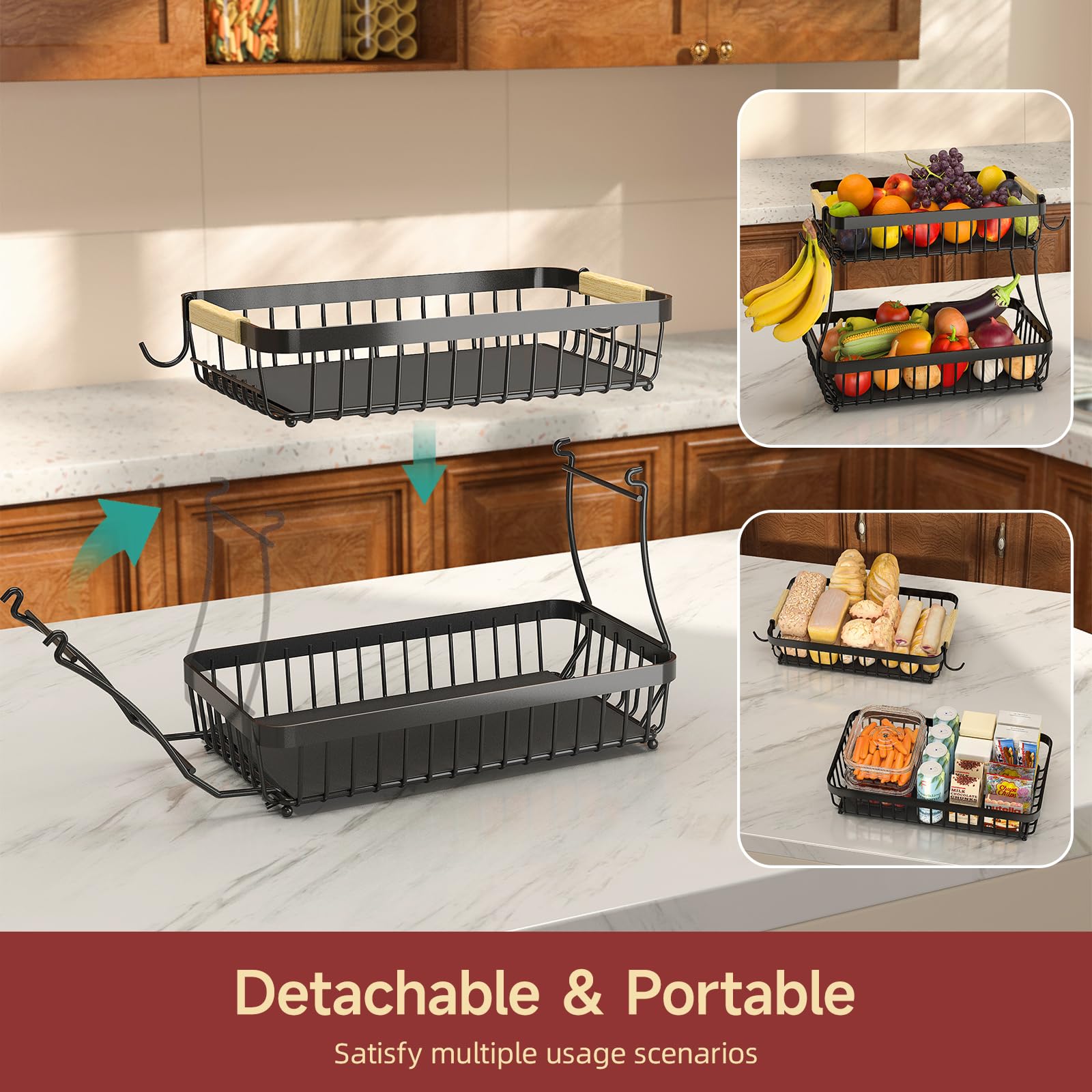 Sevenblue 2 Tier Fruit Basket for Kitchen Counter with 2 Mobile Banana Hangers, 2025 Pro Detachable Metal Fruit Bowl with Wooden Handle, Fruit Holder for Bread Snack Veggies with Protective Mats