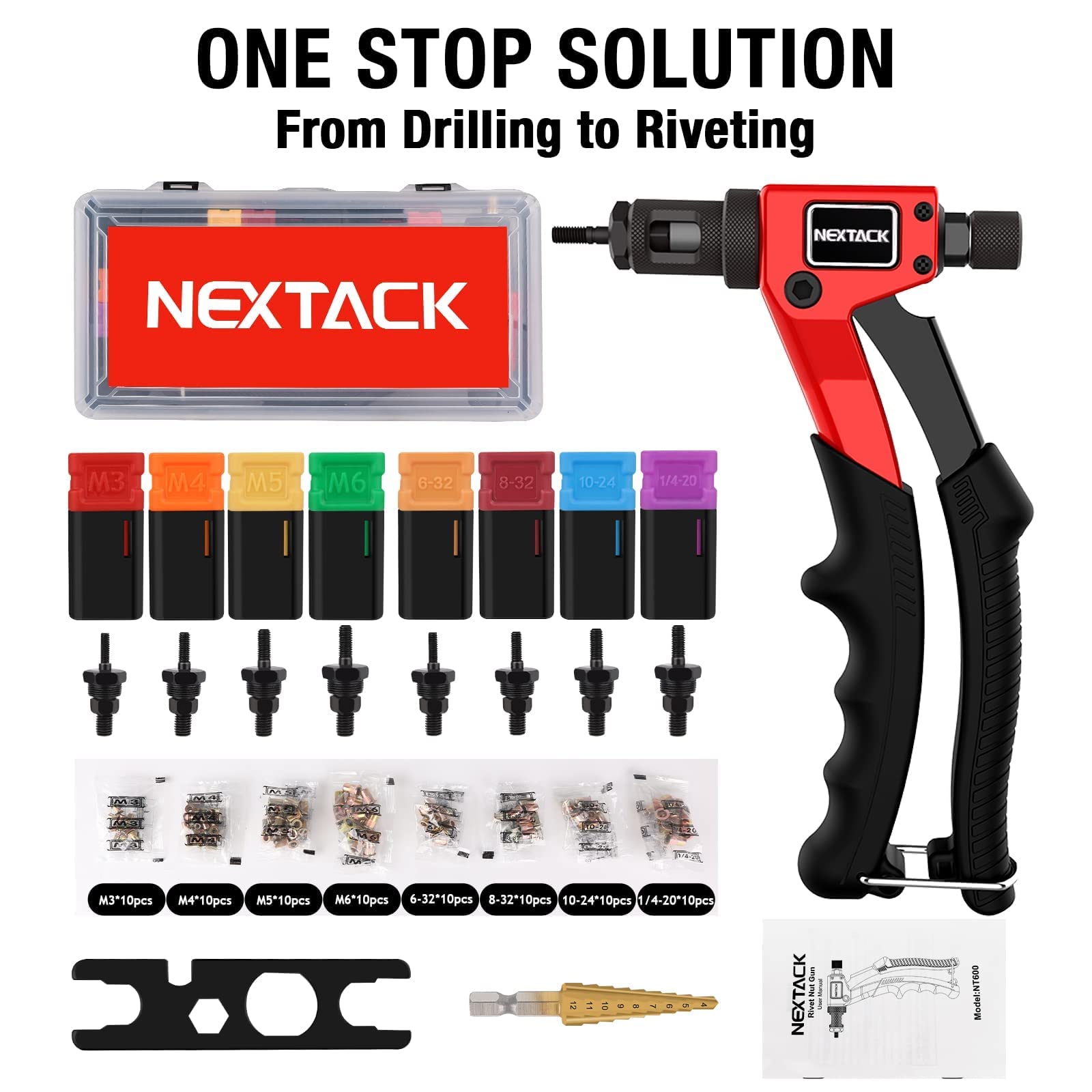 NEXTACK Rivet Nut Tool Kit with a Step Drill Bit & 80 Nutserts for Tight Space, 8" Rivnut Tool Set Riveter with 8 Mandrels 6-32 8-32 10-24 1/4-20 M3 M4 M5 M6 in Organized Rugged Carrying Case NT600