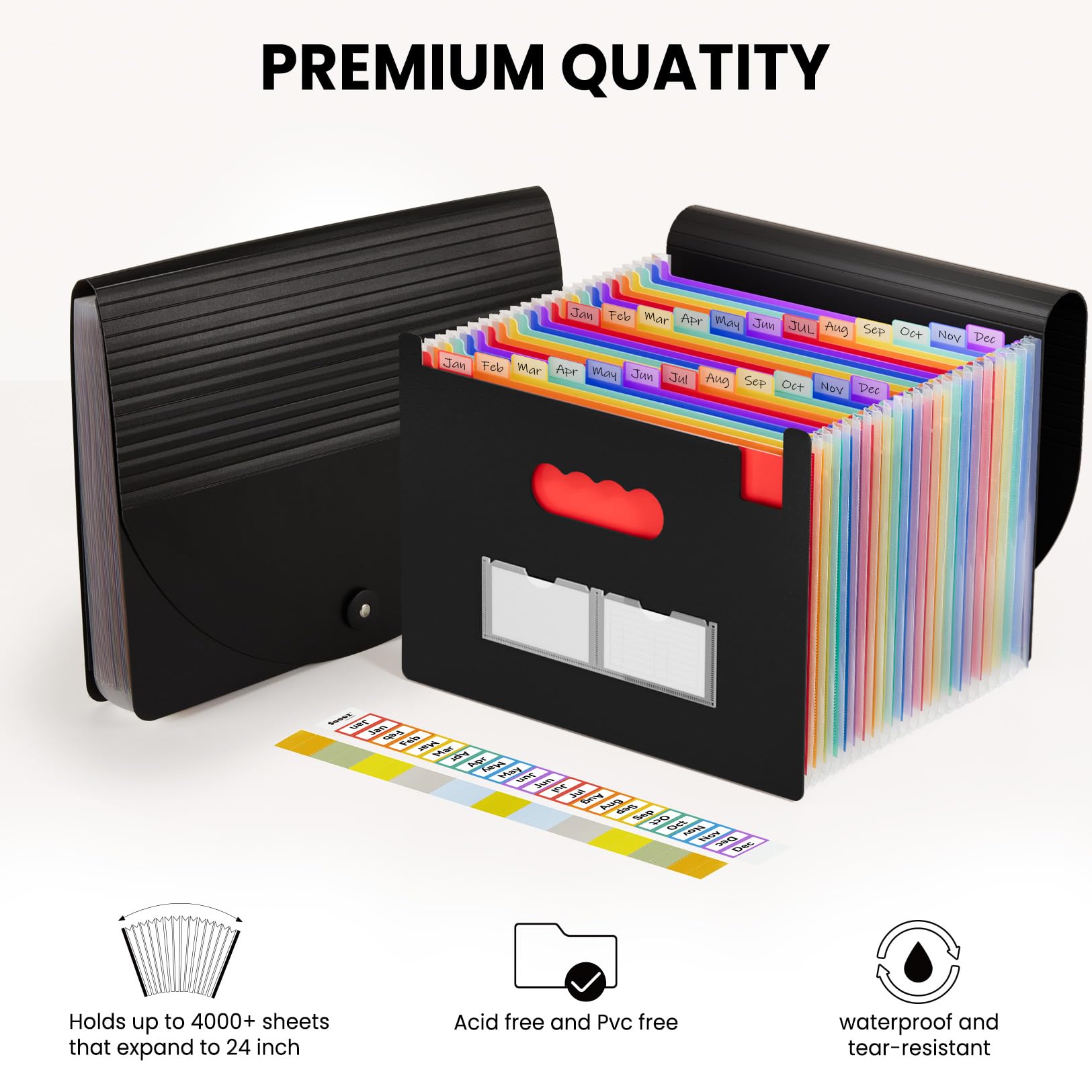 Sooez 24 Pockets Expanding File Folder with Blank Labels, According File Organizer with Expandable Cover, Desktop Accordion Folders Letter A4 Paper Document Storage Organizer, Black