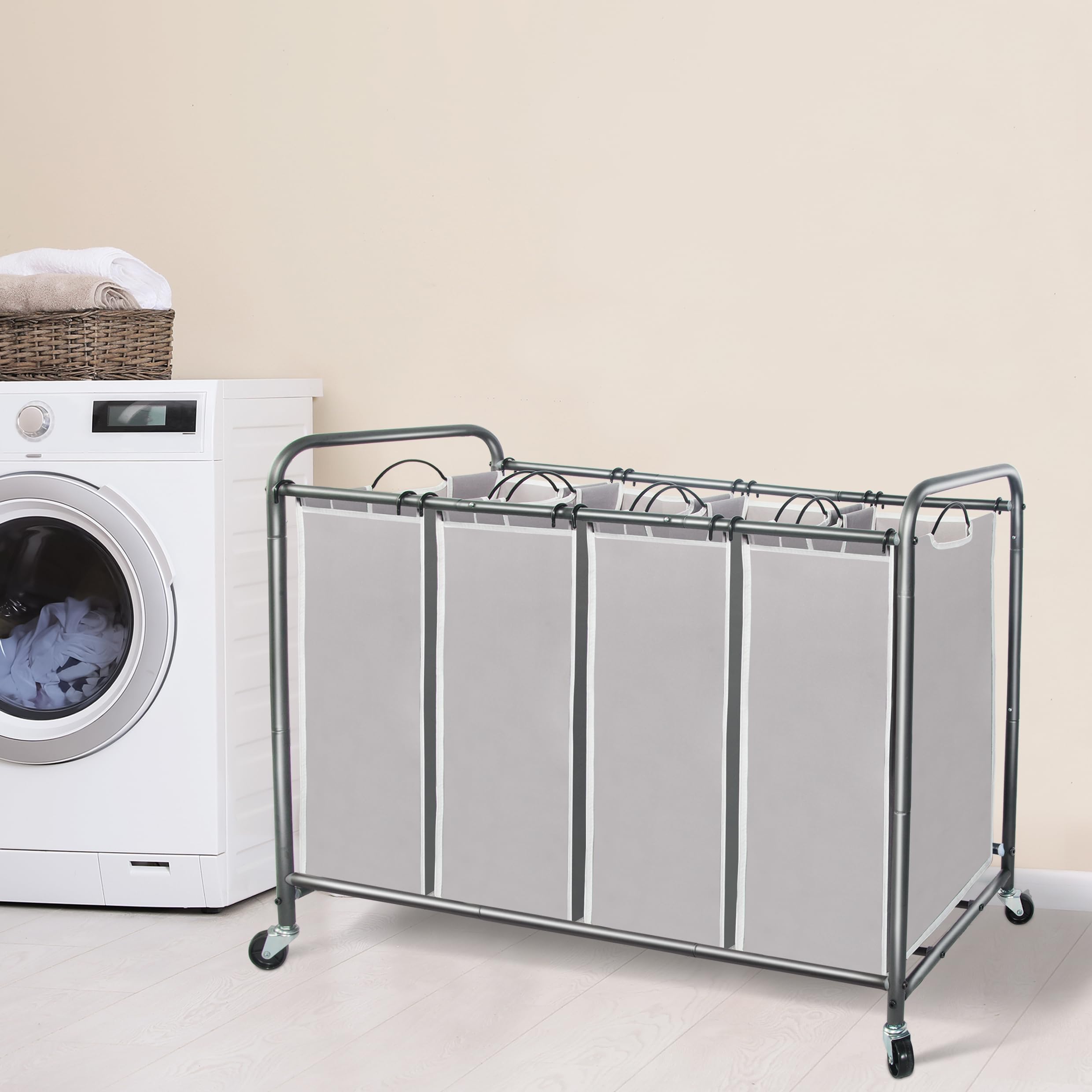 STORAGE MANIAC Laundry Sorter 4 Section, 47.8 Gal (181 L) Laundry Hamper with Wheels, Clothes Divider Basket Sorter, Clothes Separator Hamper Cart with Wheels and Removable Bags, Gray