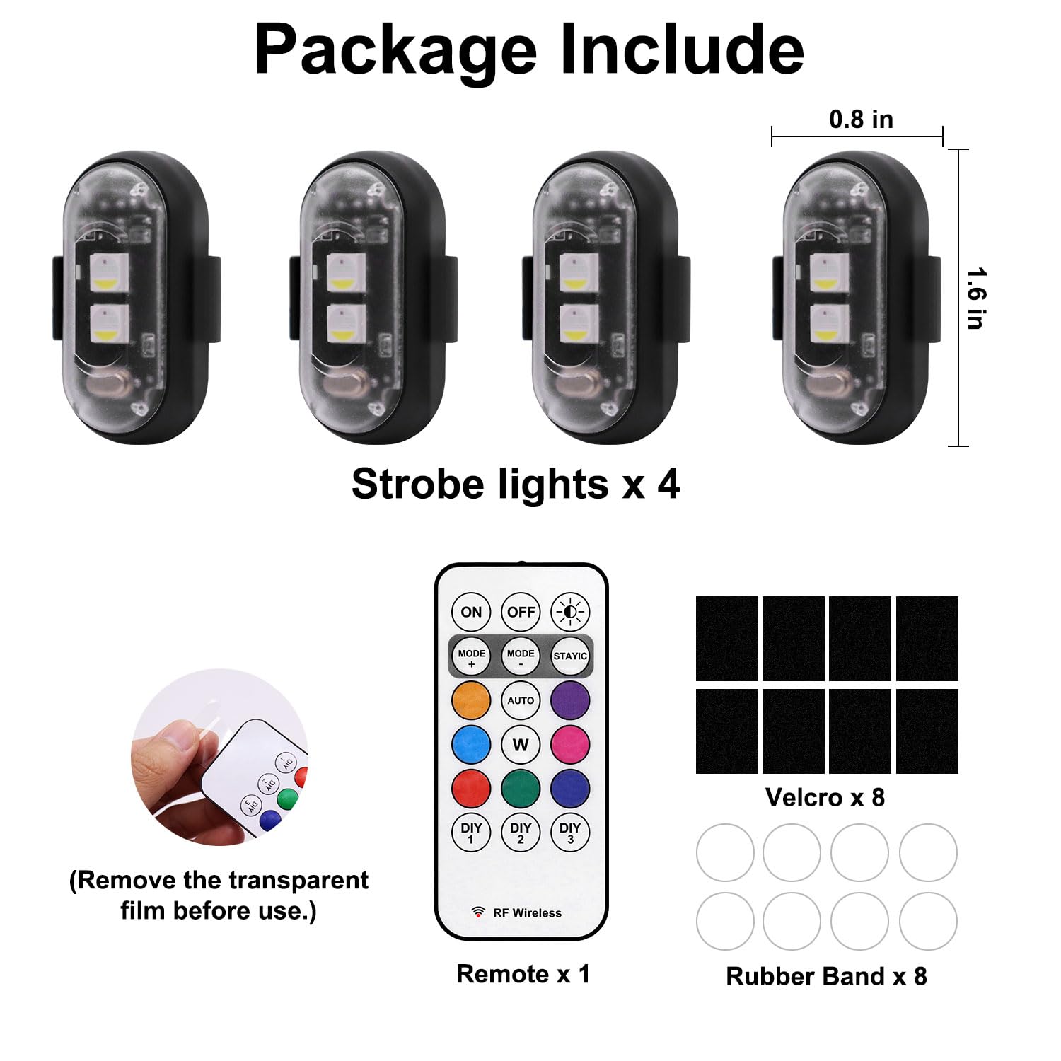 4PCS Wireless LED Strobe Lights with Remote Control, 8 Colors USB Charing Waterproof Anti-Collision Led Emergency Warning Lights for Car Motorcycle Drone Aircraft Bike