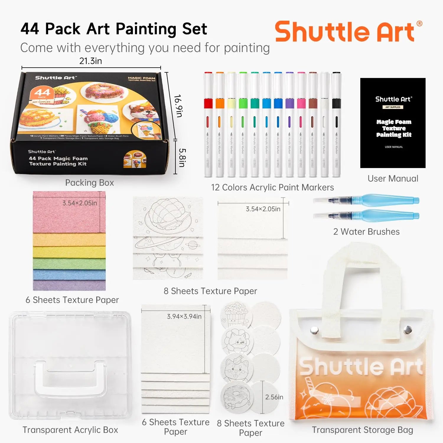 Shuttle Art 44 Pcs Magic Foam Texture Painting Kit, Including 28 Pcs Foam Texture Paper, 12 Colors Brush Tip Acrylic Paint Markers, Magical 3D Effect Texture Painting Kit