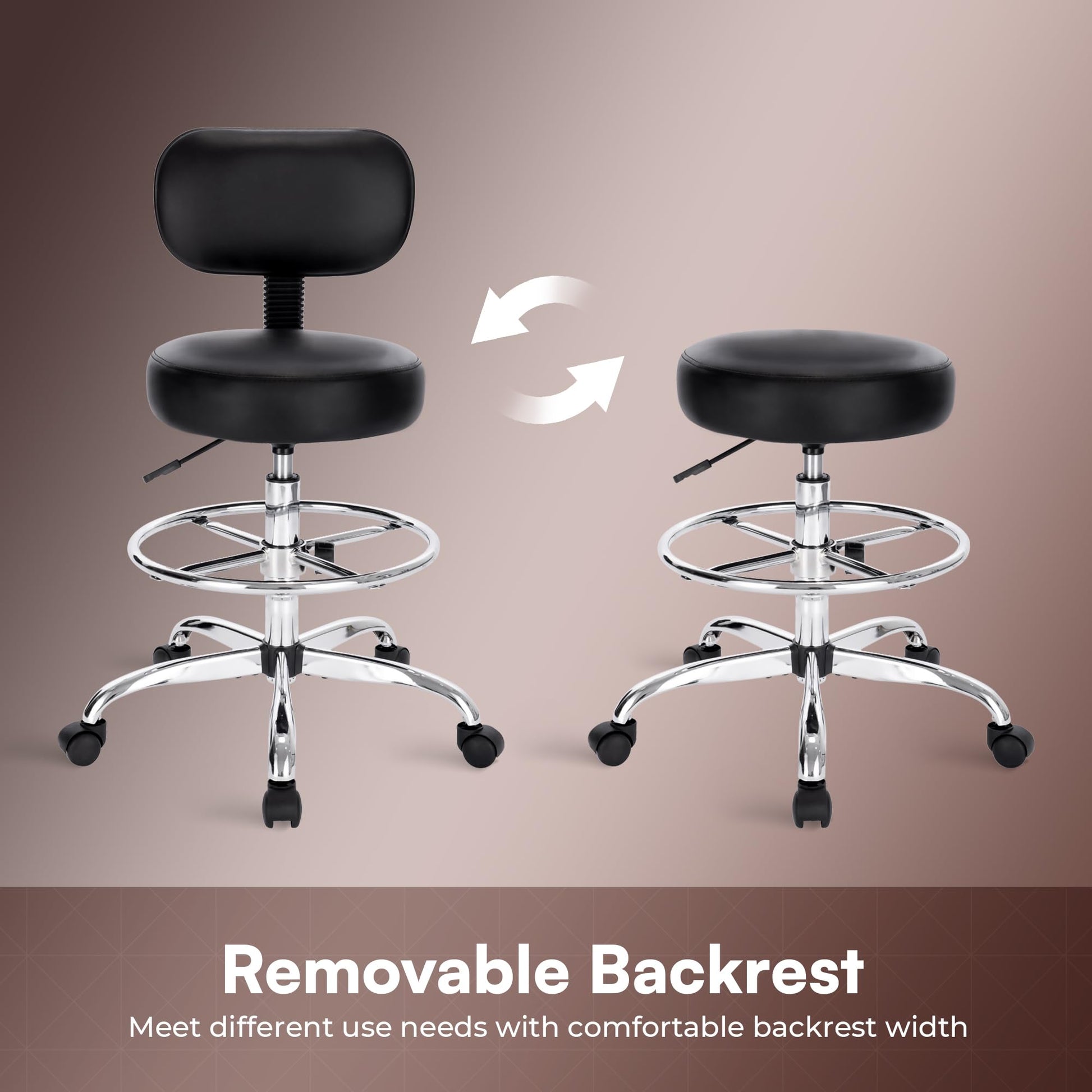 SUPERJARE Drafting Chair with Back, Adjustable Foot Rest Rolling Stool, Multi-Purpose Office Desk Chair, Thick Seat Cushion for Home Bar Kitchen Shop - Black