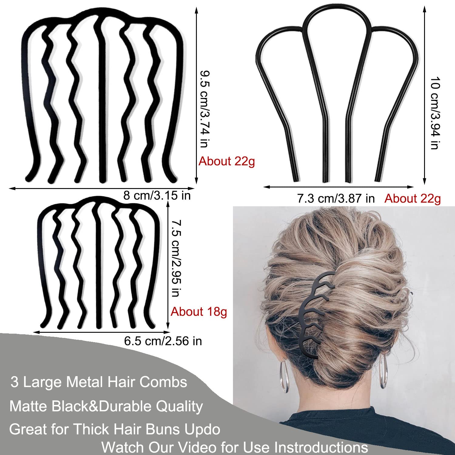 7 Pcs Metal Hair Side Combs Hair Fork Clip Teeth Hair Pin Stick for Updo Bun, U Shape Hair Combs for Vintage Hairstyle Hair Accessories, Thick&Fine Hair Combination
