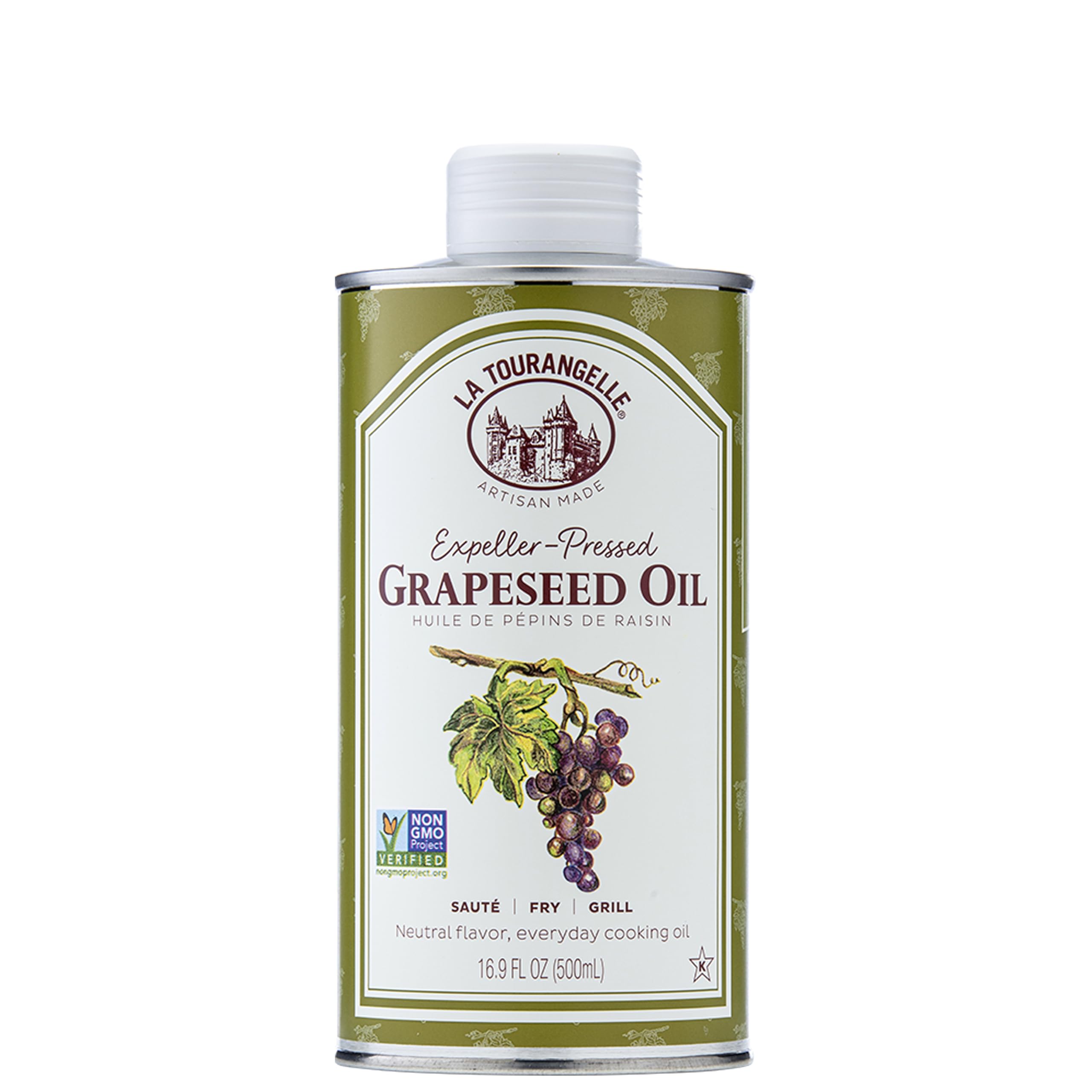 La Tourangelle, Expellergepresstes Traubenkernöl, hitzebeständiges neutrales Speiseöl, zum Einbrennen von Gusseisen, auch hervorragend für Haut, Haar und DIY-Schönheitsrezepte, 16,9 fl oz
