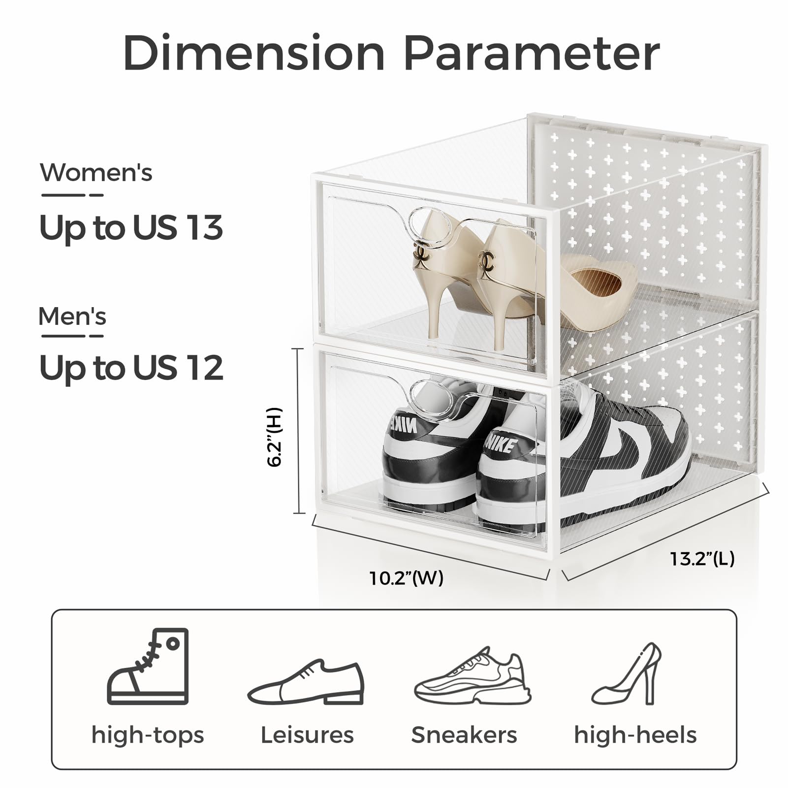 Pinkpum 15 Pack X-Large Shoe Storage Boxes Fit US Size 12, Shoe Organizer for Closet Clear Plastic Stackable Shoe Dispaly Case Holder Bins, Sneaker Storage for Sneakerheads White