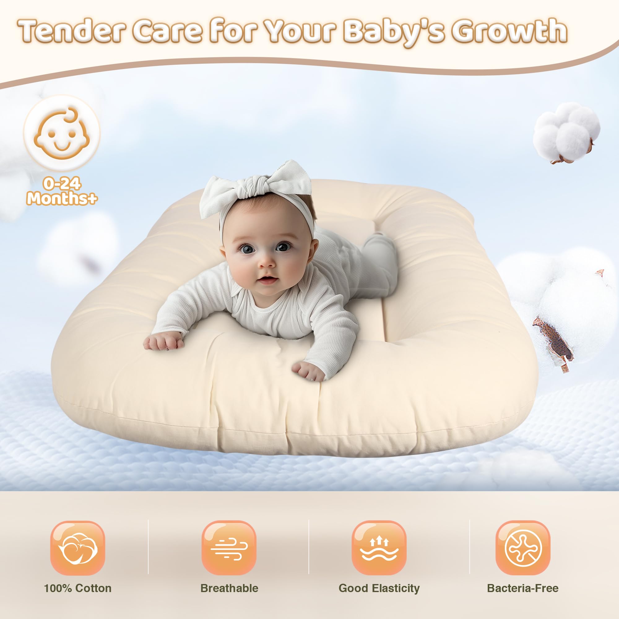 Baby Lounger - Baby Lounger for Newborn, 0-24 Months, Infant Lounger for Home and Travel, Soft Cotton, Baby Nest Lounger, Newborn Babies Essentials Gifts, White (Lounger Cover Included)