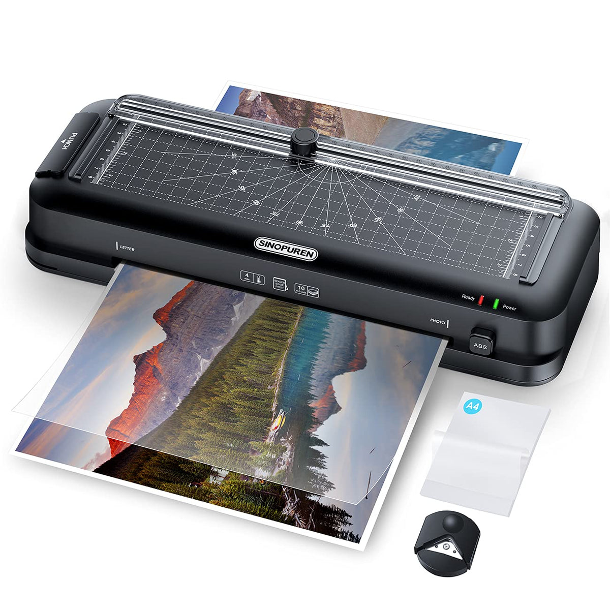 SINOPUREN 9-Zoll Thermo-Laminiergerät, 3-in-1 Laminiergerät mit integriertem Papierschneider, Locher & Eckenrunder, 10 Laminierfolien, schnelle 3-Minuten-Aufwärmzeit, staufrei für Zuhause, Büro, Schule