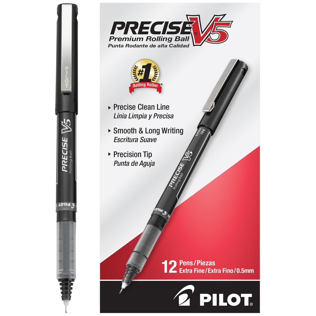 Pilot Precise V5 Rollerball Pens, Extra Fine Point 0.5 mm Black Pen, Black, Pack of 12