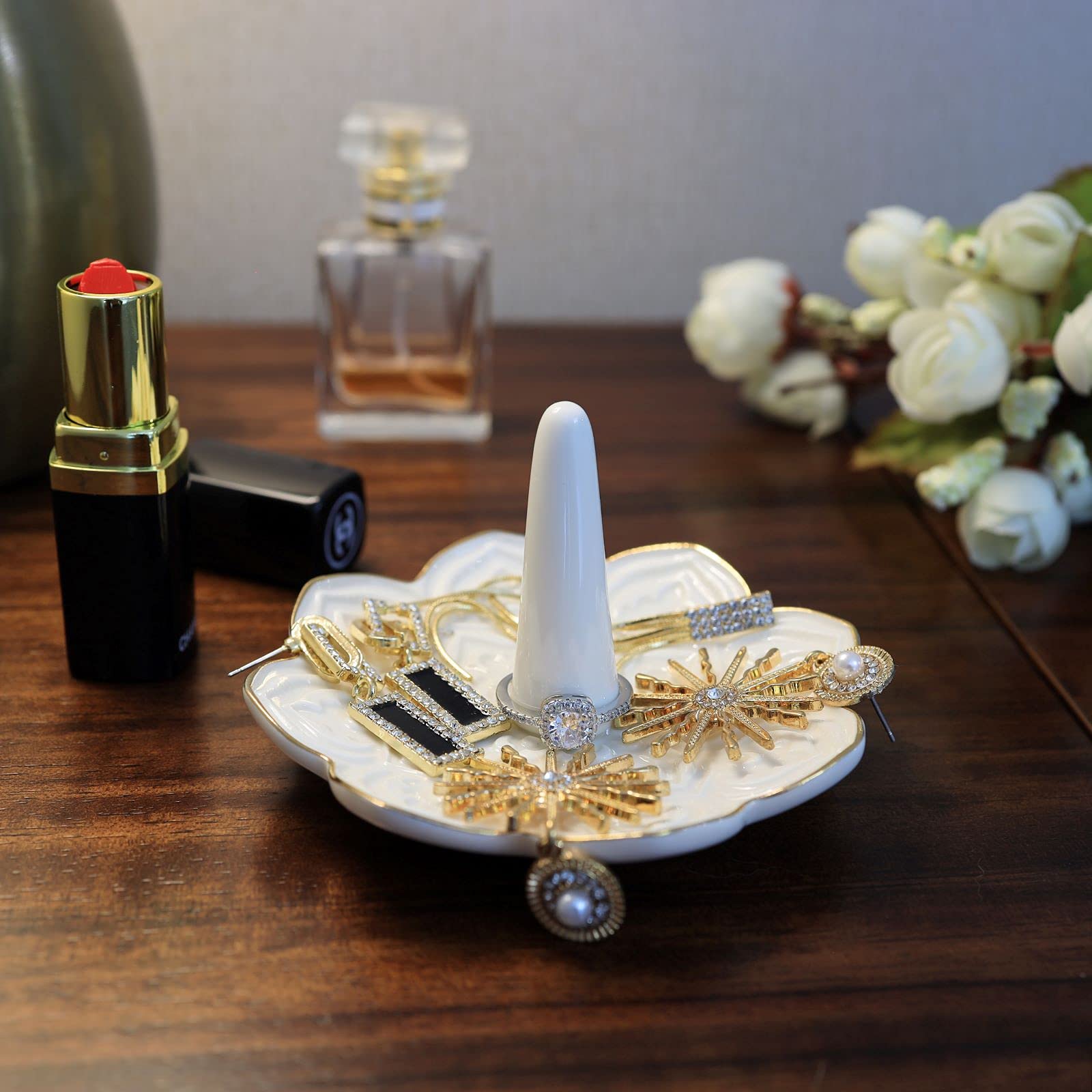 RUIMIC Ceramic White Mandala Jewelry Holder Decorative Ring Holder/Trinket Tray Valentine Engagement Wedding Birthday Gifts for Women Her