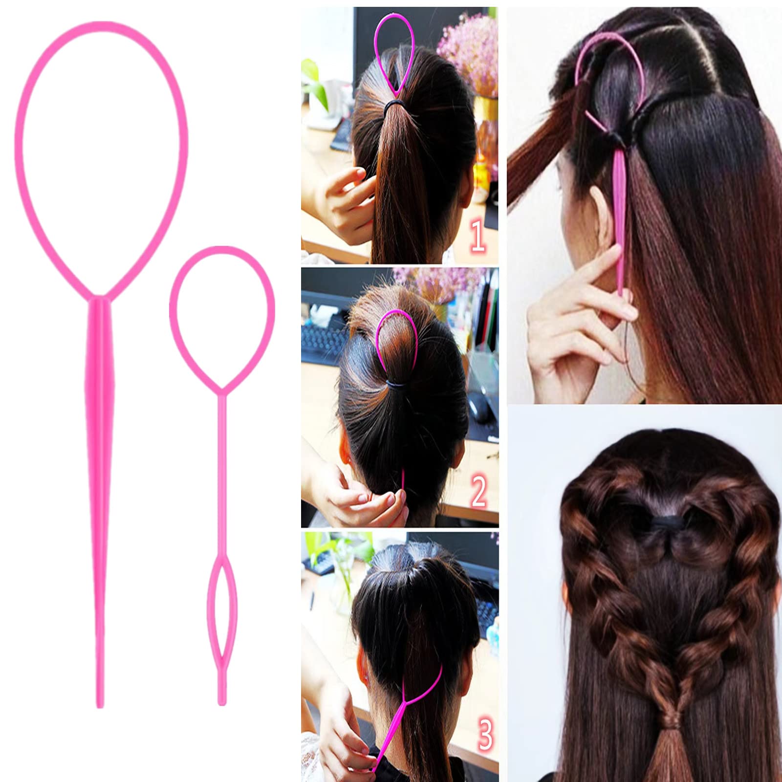 ZVOREI 8Pcs Hair Brushes Set with 4Pcs Topsy Hair Tail Tools 1Pcs Bristle Teasing Hair Brush 1Pcs Edge Control Brush 2Pcs Metal Pin Rat Tail Combs for Woman Girl Styling,Edge&Back Brushing Pink