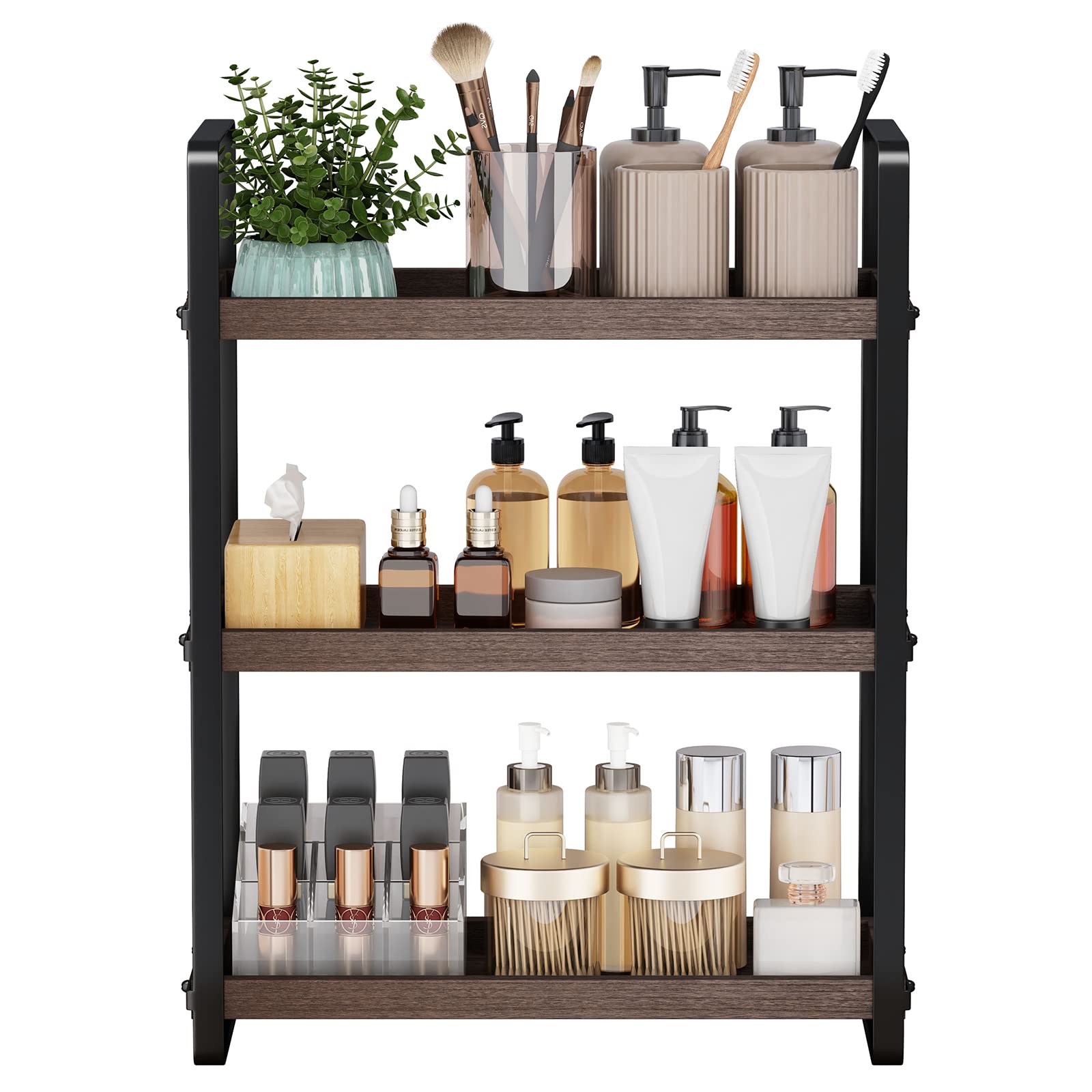 HNRLOY Badezimmer-Ablage, Badezimmer-Organizer, Ablageregal, Arbeitsplatten-Aufbewahrung, Organisation und Aufbewahrung, Make-up-Regal, Spülbecken-Caddy (Braun, 3 Ebenen)