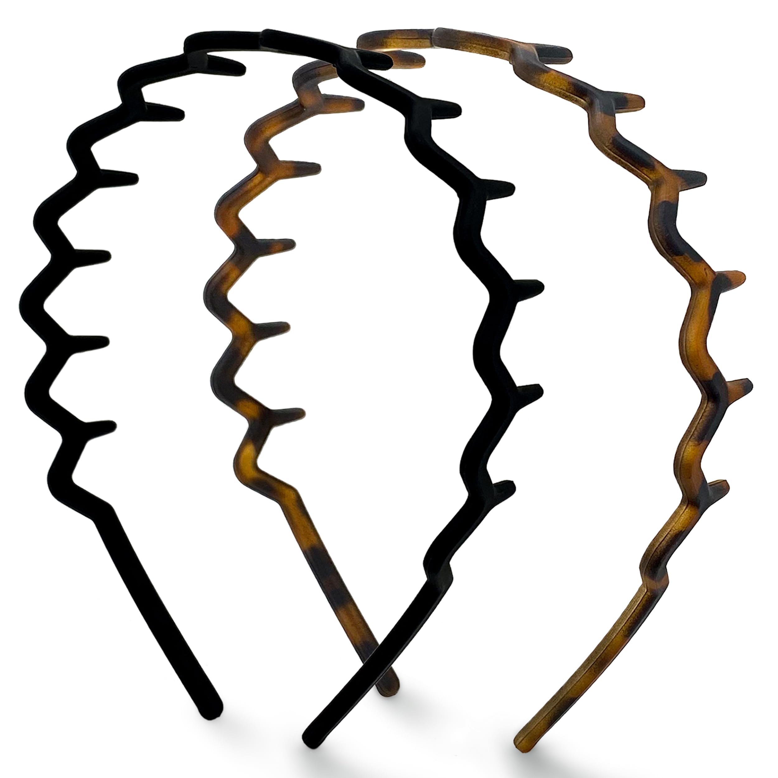 Kitsch Zig Zag Headbands for Women Non Slip - Fashion Accessories for Slicked Back Styles - Comfortable Comb Headband with Teeth - Recycled Plastic Tortoise & Black Headband - 2 pcs