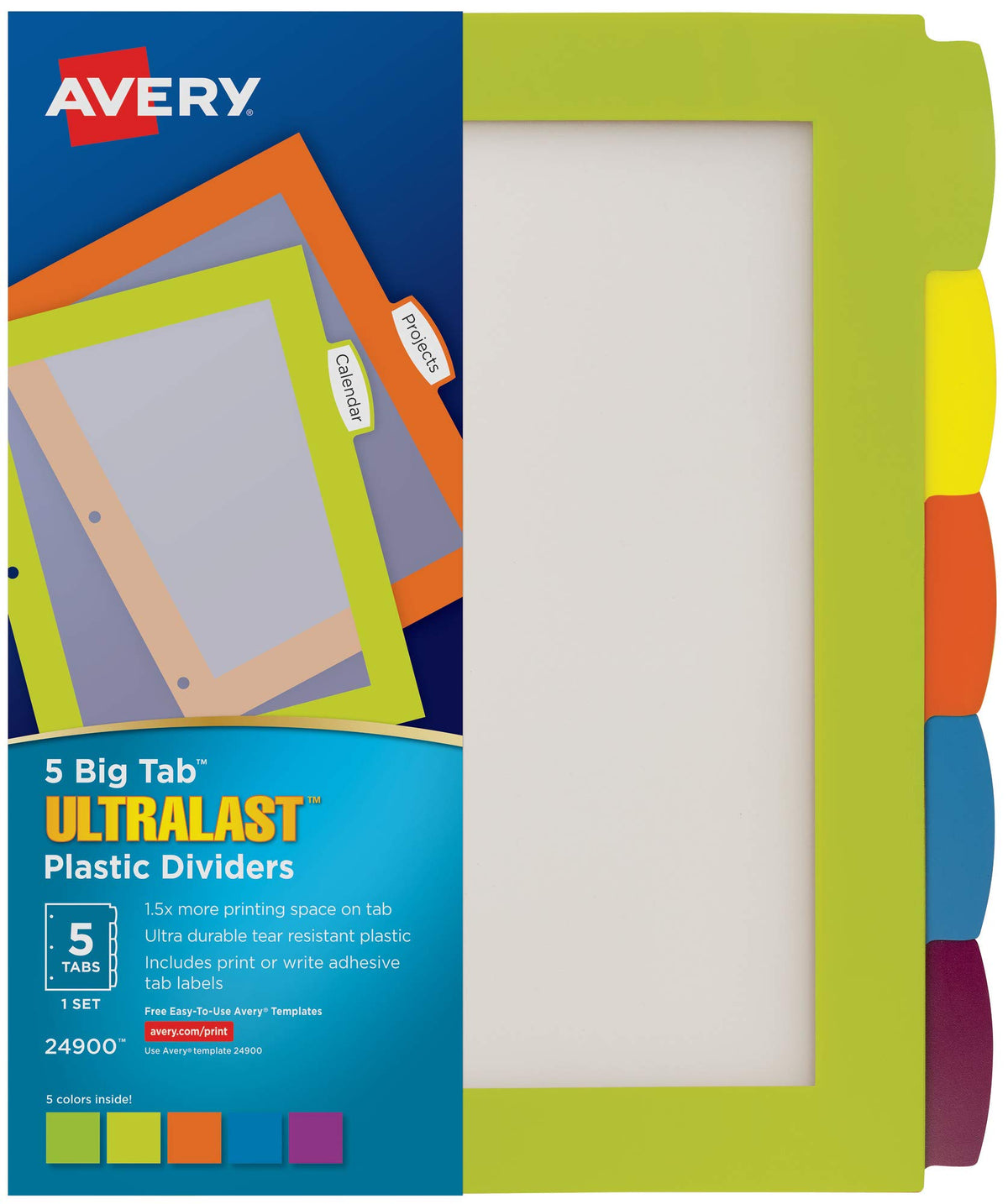 Avery Ultralast Big Tab Plastic Dividers for 3 Ring Binders, 5-Tab Set, Multicolor with White Labels, 1 Set (24900)