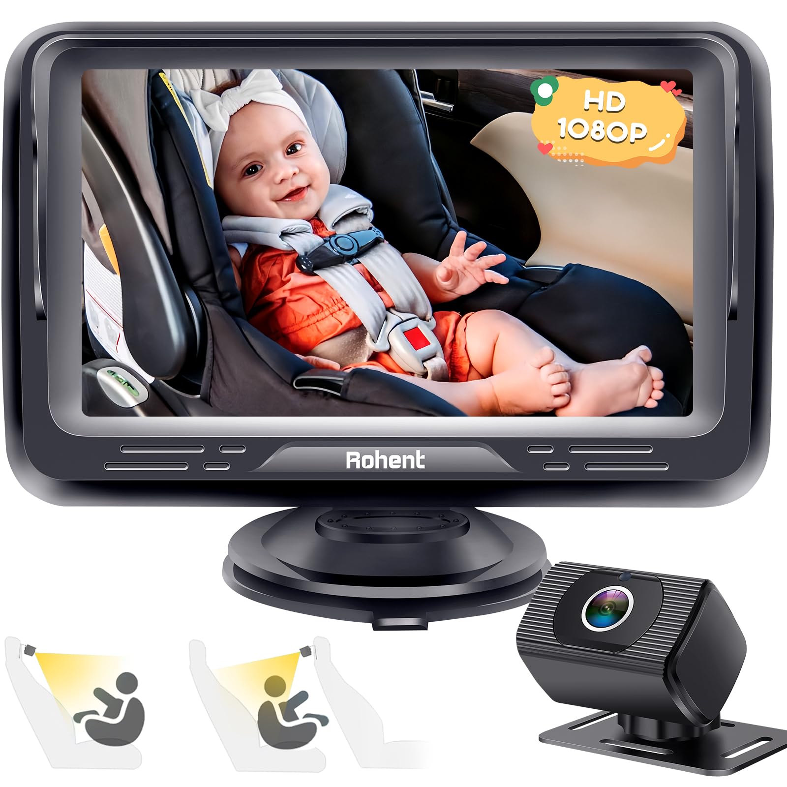 Rohent Baby Car Camera HD 1080P - Rear-Facing Infant Monitor with Night Vision Car Camera for Baby 150 degrees Wide-Angle Lens Anti-Glare Screen Easy Install 360 degrees Adjustable Display