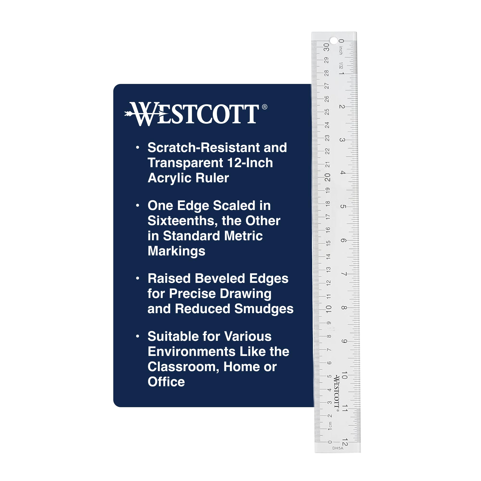 Westcott Acrylic Clear Ruler, Easy-to-Read Markings, Scratch-Resistant Design, Raised Beveled Edges, for Crafting, Office, Classroom, Back to School, School Supplies, 12-Inch