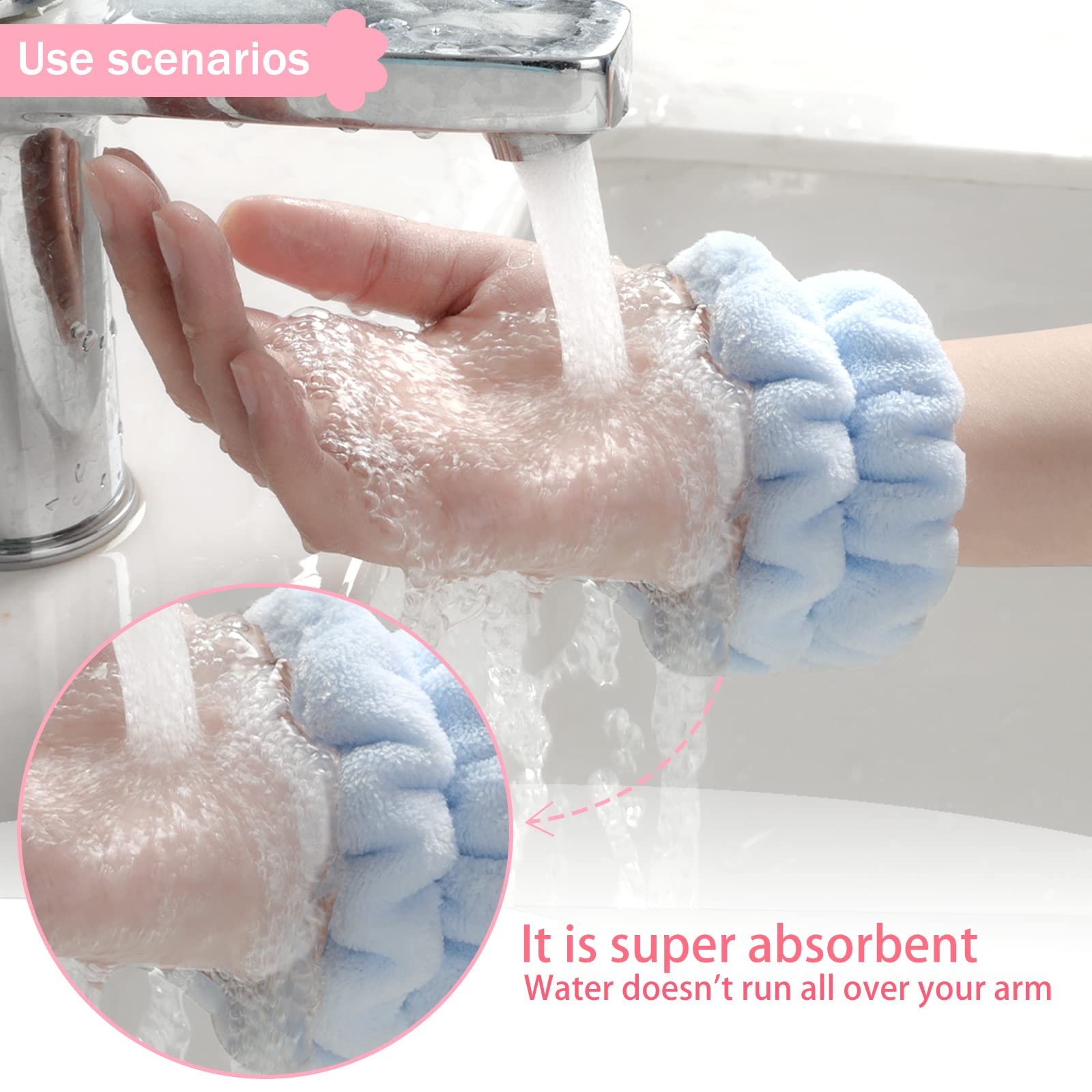 Taocar 2pcs Wrist Bands for Washing Face, Microfiber Face Washing Wristbands, Arm Wrist Towels, Spa Face Wash Wristbands, Stretchy Absorbent Wash Band for Woman Children