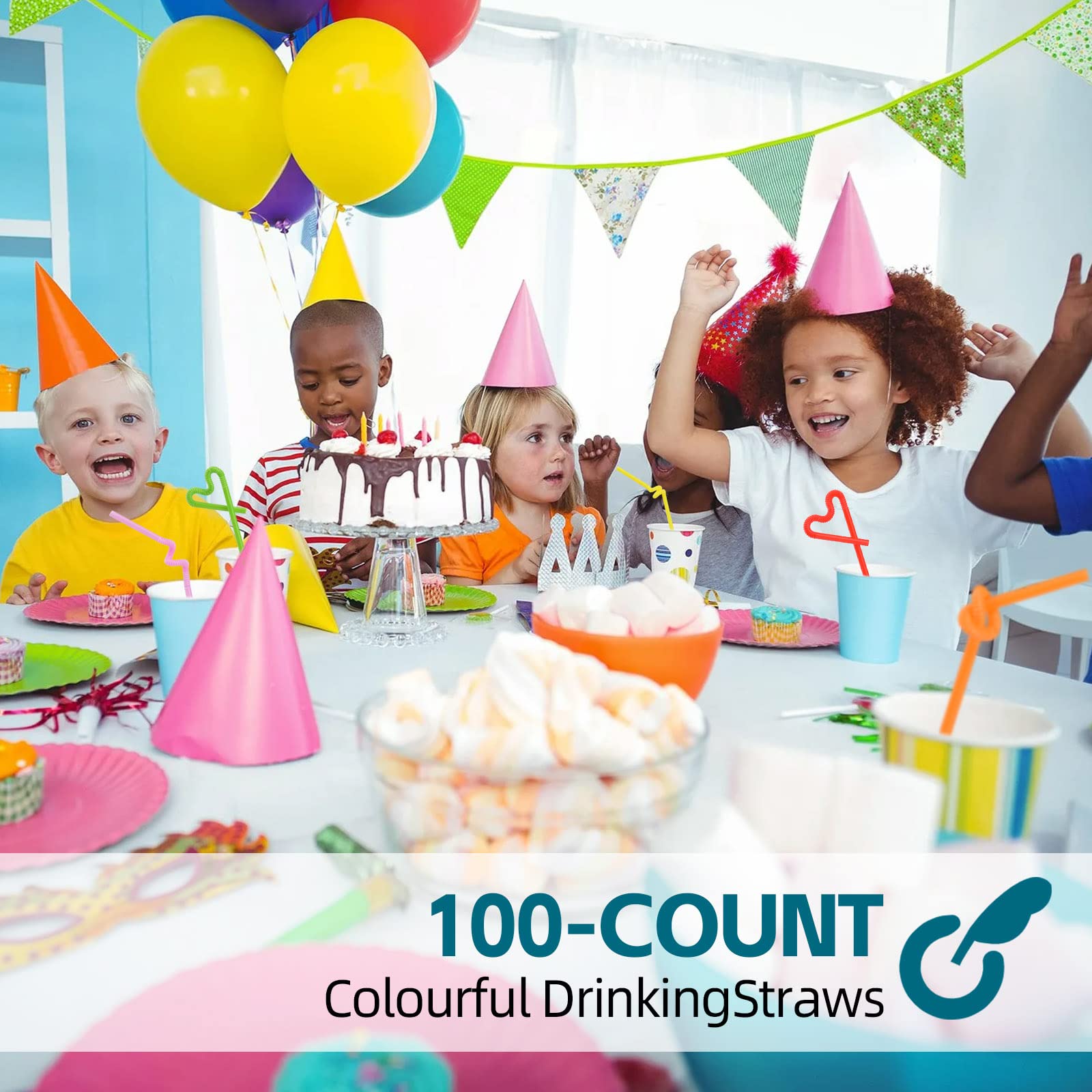 SONGNASS 100PCS Flexible Plastic Straws, Colorful Disposable Bendy Party Fancy Straws12.8inch Extra Long Straws Party Decorations