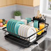 Sakugi Stainless Steel Dish Drying Rack for Kitchen Counter, Sink Organization and Storage Essentials with Silverware & Utensil Holder, Home and Apartment Decor, 12''W x 15.6''L, Black