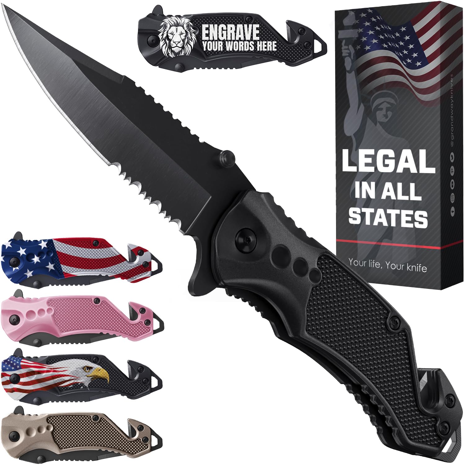 Legal Pocket Knife with 2.95" Serrated Blade, Glass Breaker, Seat Belt Cutter - EDC Sharp Folding Knives with Portable Clip - Small Tool for Tactical Camping Survival Hiking - Gifts for Men 6680