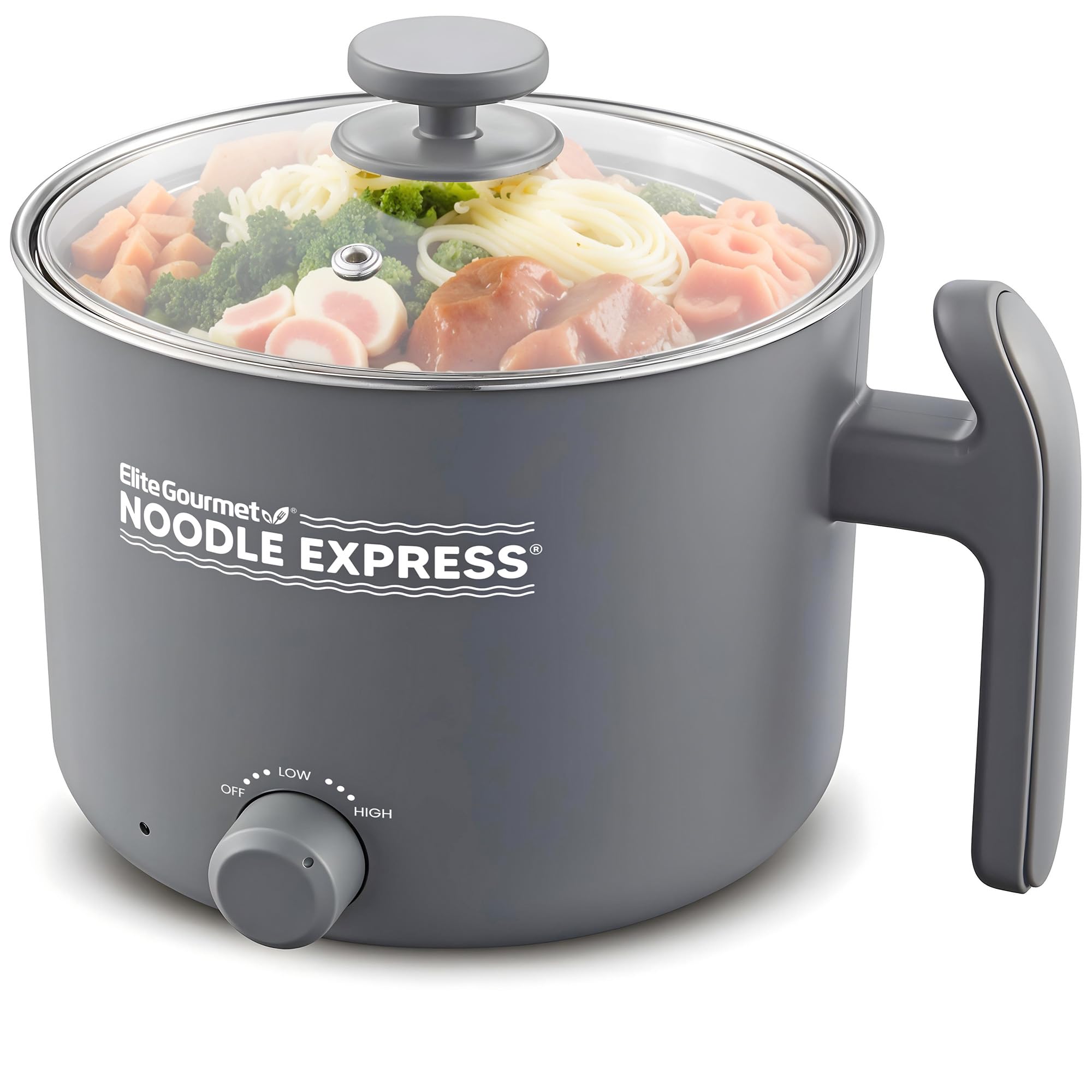 Elite Gourmet NOODLE EXPRESS Hot Pot, Prepare Ramen, Rice, Soups, Stews, Boil Water, Stainless-Steel Interior, Glass Lid, High/Low/Off Settings, Grey