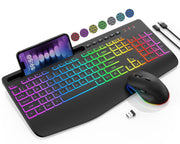 Wireless Keyboard and Mouse Combo - 9 Backlit Effects, RGB, Ergonomic Wrist Rest, Phone Holder, 2.4G Full Size, Rechargeable, Sleep Mode, Quiet Keyboard Set for Computer, PC, Laptop, Mac, Windows